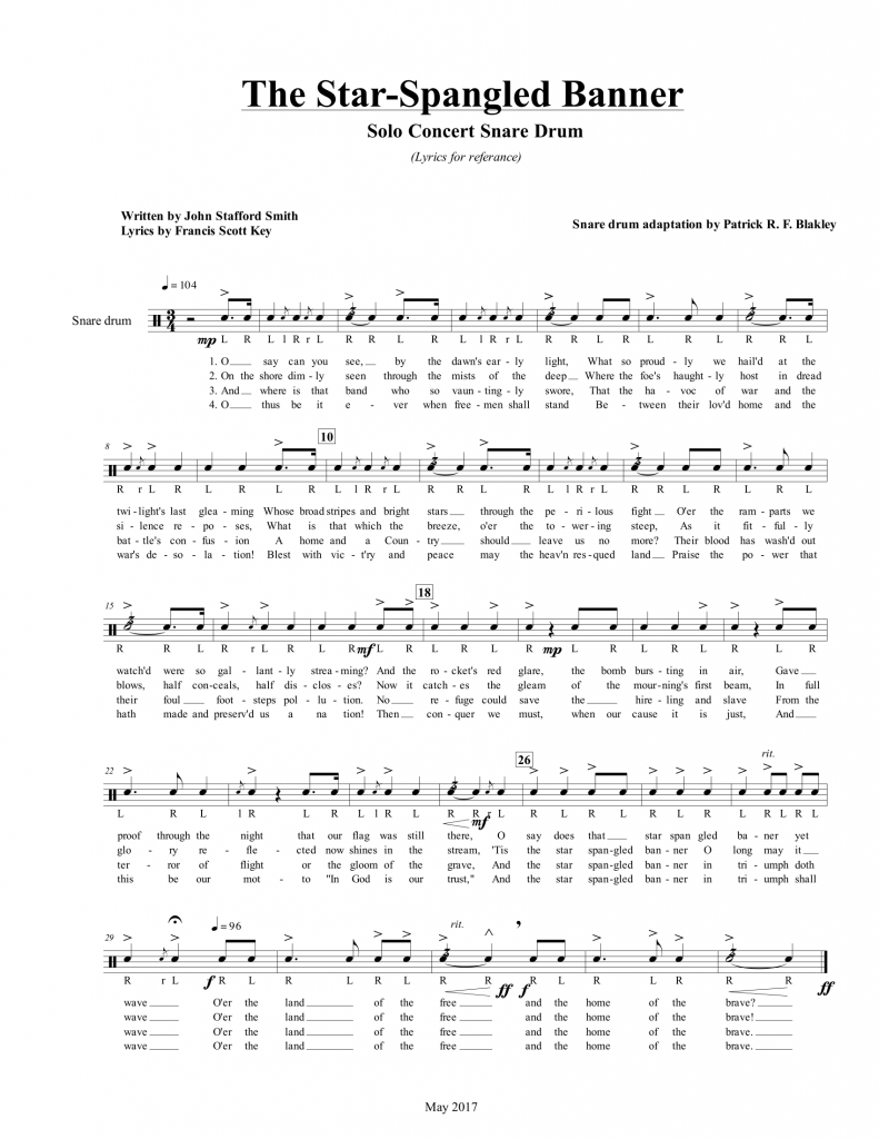 Star Spangled Banner Snare Drum Solo Free Sheet Music and Performance Idea