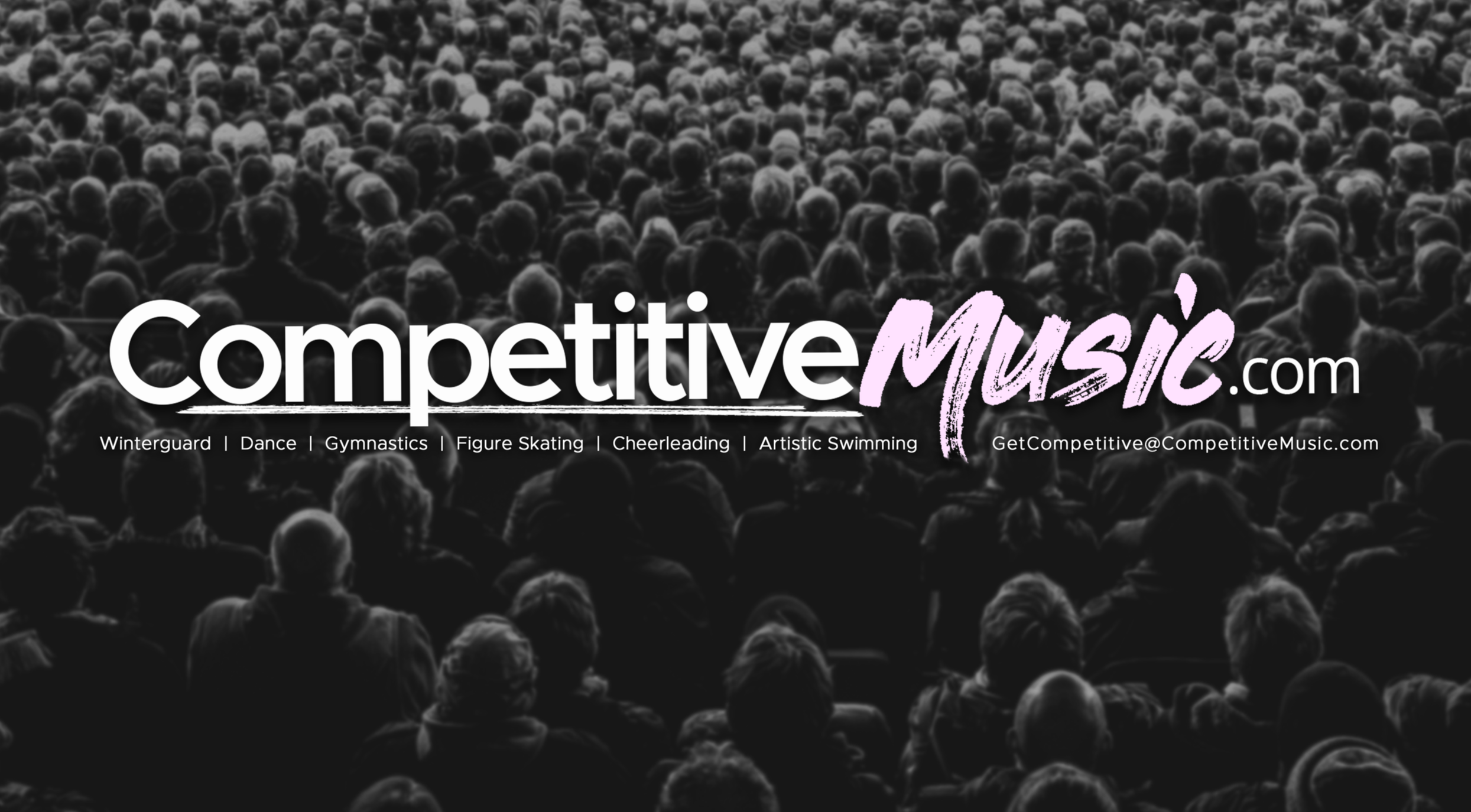 Crowd of people at an event with overlaid text promoting a website about competitive music and related disciplines.