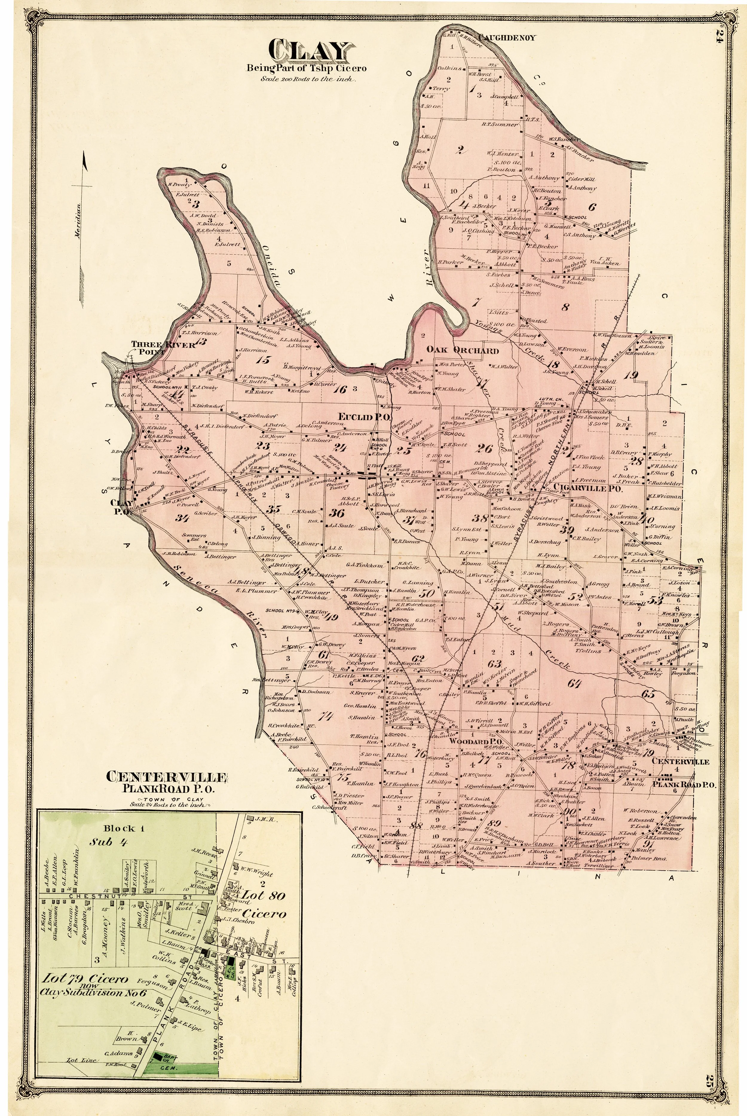 Historical map of Clay County, Ohio, showing land divisions, roads, and geographical features, with inset maps of Cicero and Centerville.