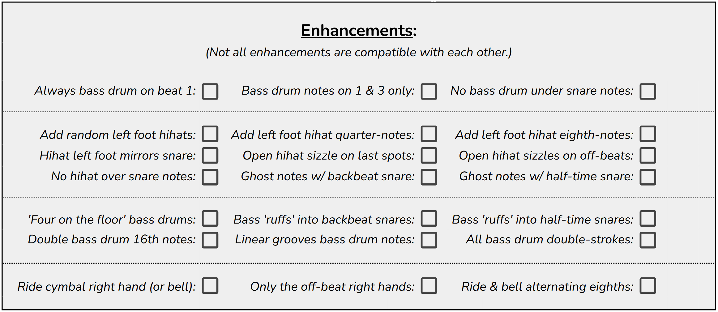 A music sheet for drum enhancements with checkboxes for various options such as bass drum, hi-hat, snare, and cymbals.