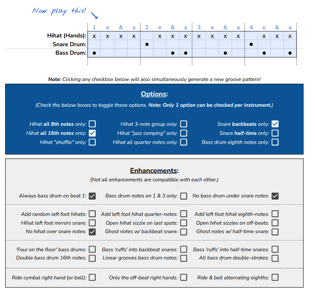 A music notation chart for a drumming pattern with options and enhancements, including a notes grid, toggle options, and suggested improvements for different drum parts.