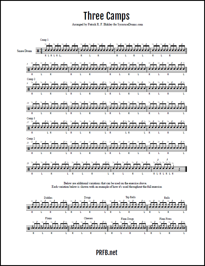Sheet music titled 'Three Camps' with drum patterns and variations, arranged by Patrick R. F. Blakley for Syracuse Drums, including sections for snare drumming, diddles, drags, tap rolls, rolls, flams, cheeses, flam drags, and flam fives.