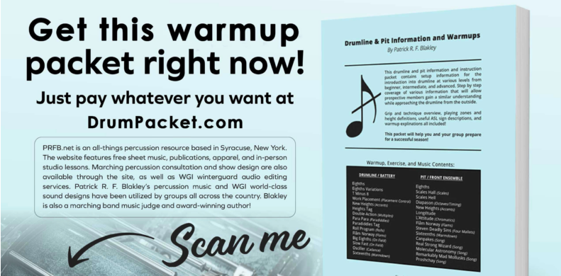 Promotional flyer advertising drum practice packet, with large bold text saying 'Get this warmup packet right now!'; instructions to pay at DrumPacket.com; image of a drum set with a link to scan for more info; includes a sample page with drum and pit information and a list of warmup exercises.