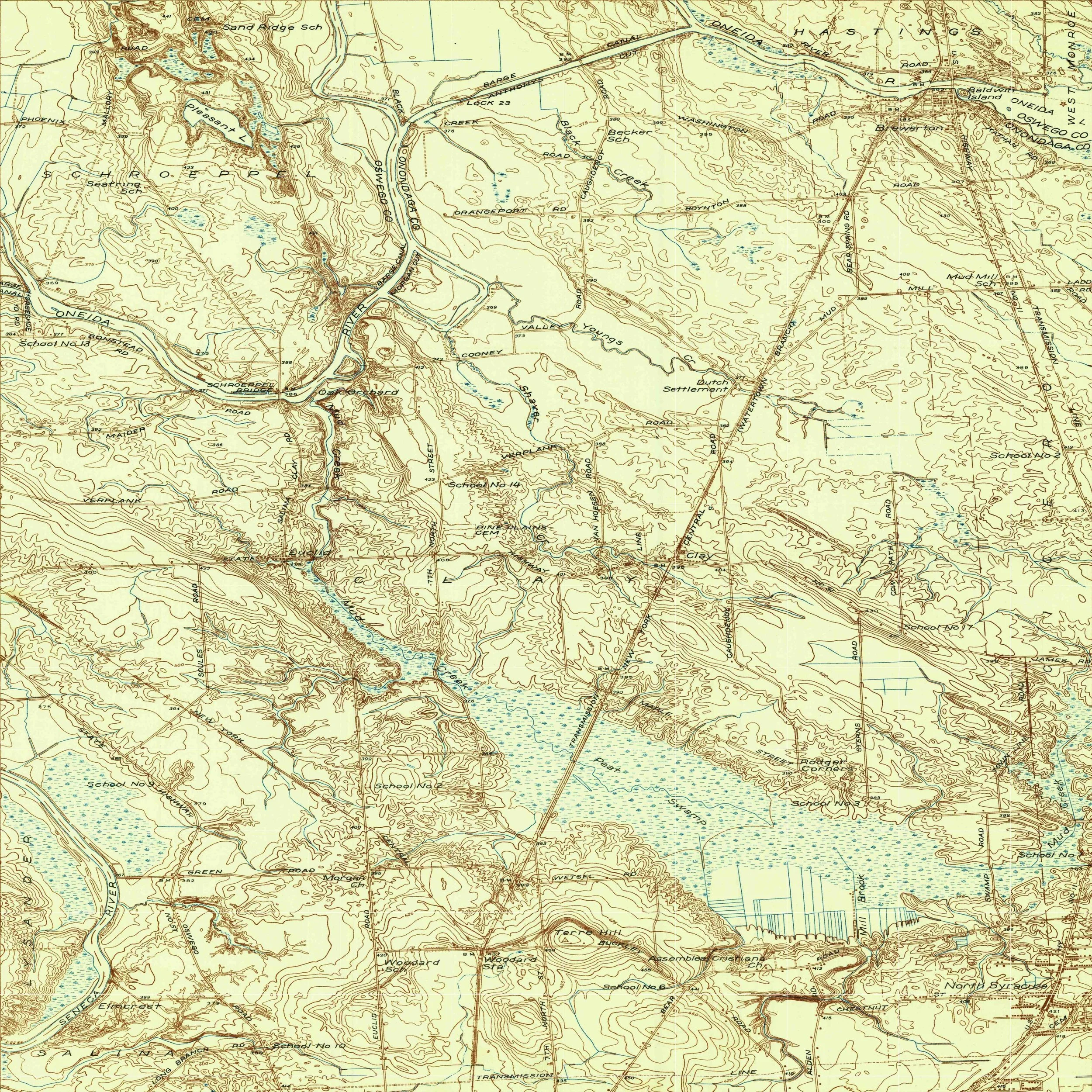 A detailed topographic map showing roads, rivers, lakes, and elevation contours in a rural area.