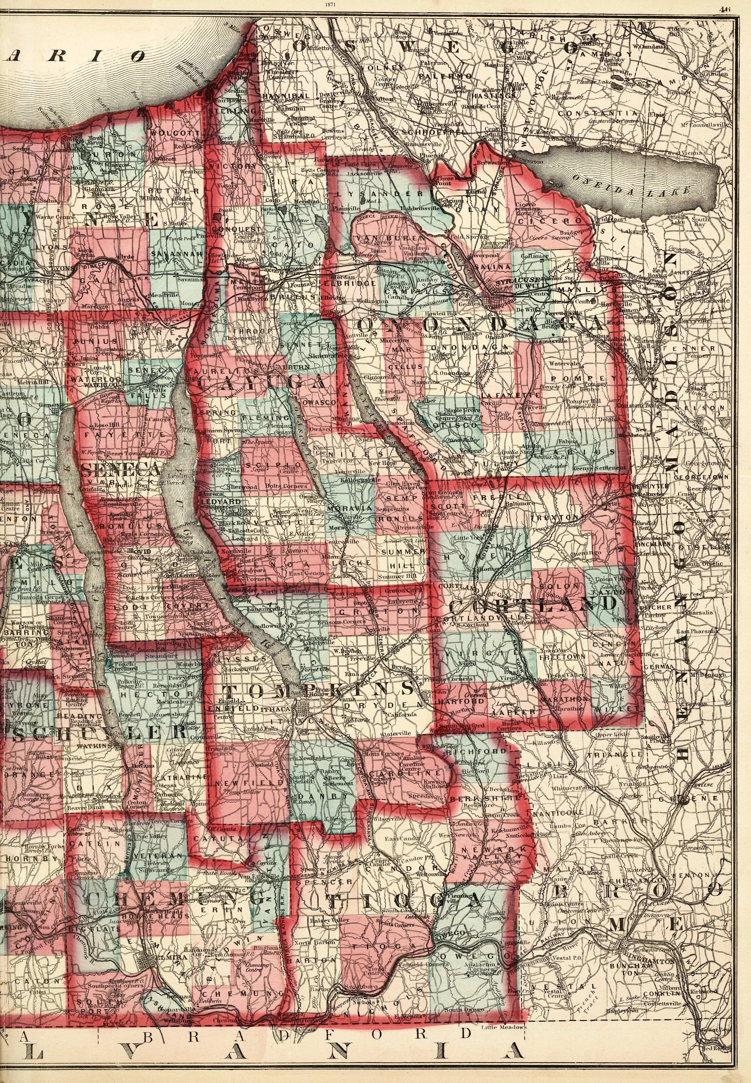 Historical map showing parts of New York, Pennsylvania, and surrounding states from 1871, with regions outlined in red.