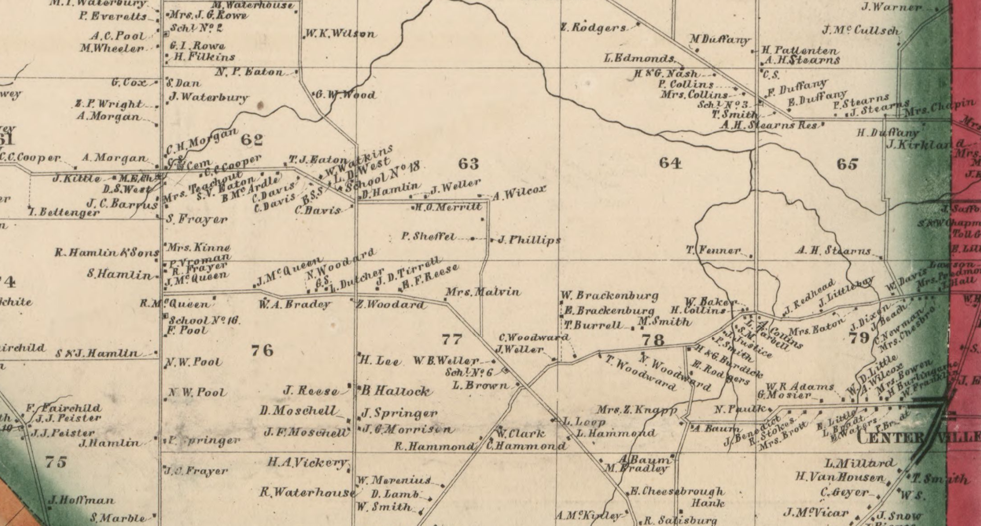 A vintage map showing land plots, roads, and property owners' names, with different colored sections in green, pink, and beige.