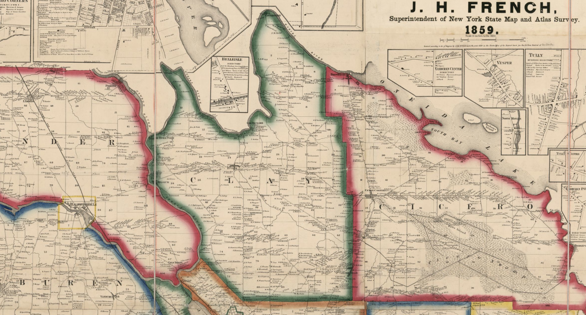 Historical map of New York State from 1859, showing various counties, waterways such as the Hudson River and surrounding regions, with inset maps of towns and districts. The map was created by J. H. French, Superintendent of the New York State Map an