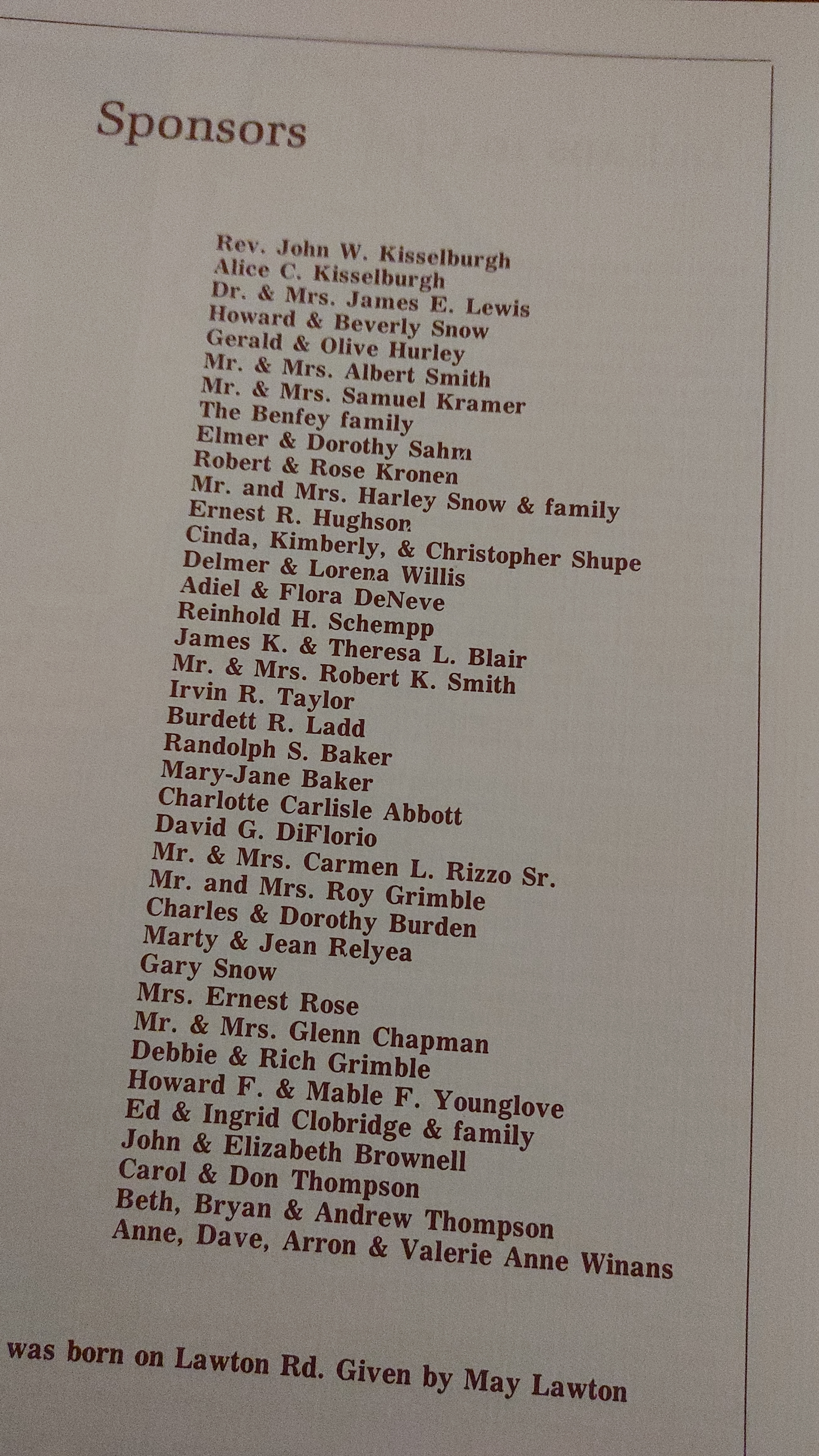 List of sponsors on a printed page, including names of individuals and families, with a heading titled 'Sponsors'.