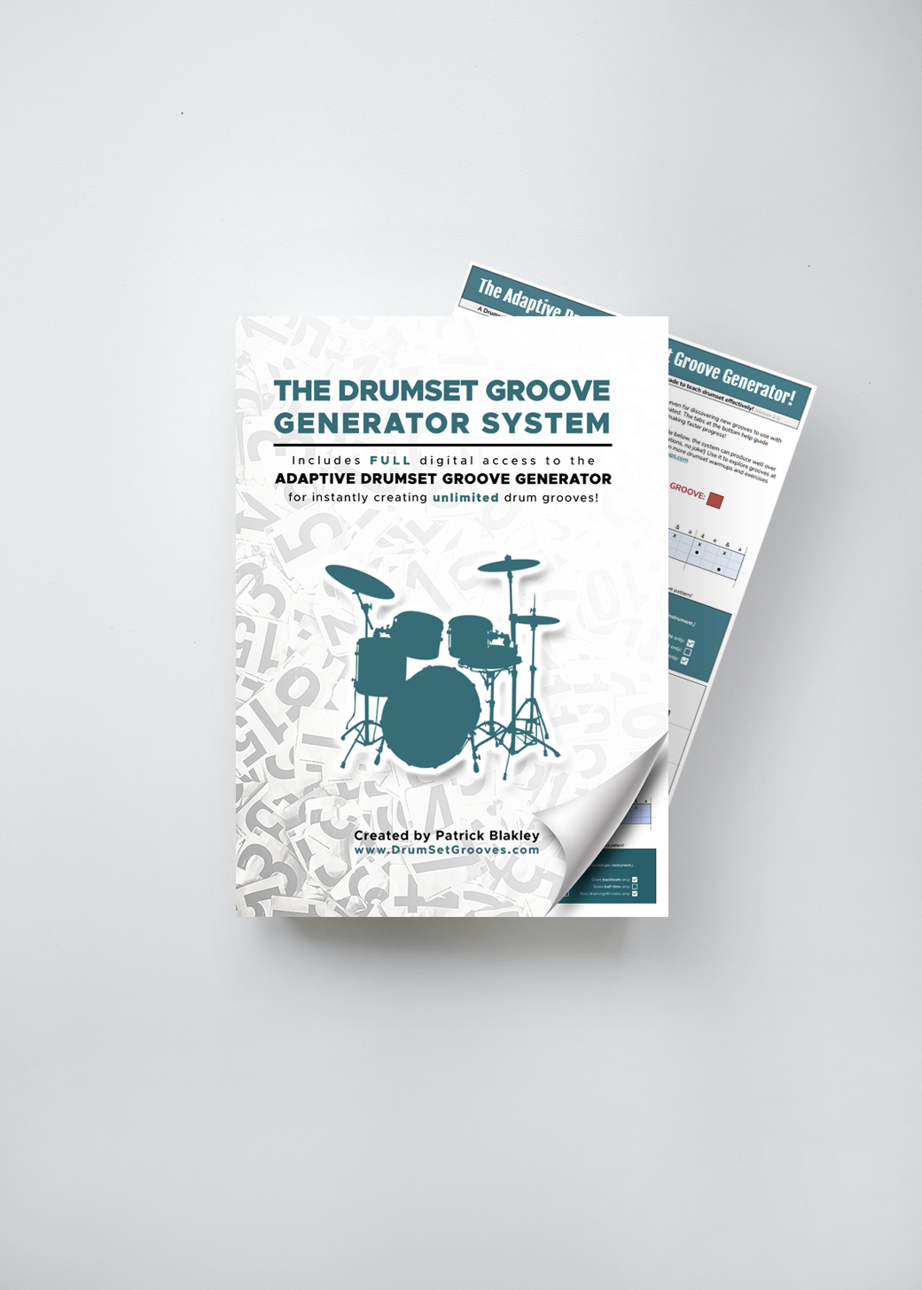 Brochure titled 'The Drumset Groove Generator System' featuring a silhouette of a drum set on a white background with gray numbers and text, created by Patrick Blakley.