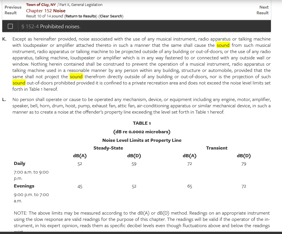 Excerpt from a legal or technical document regarding noise restrictions, with the word 'sound' highlighted multiple times.
