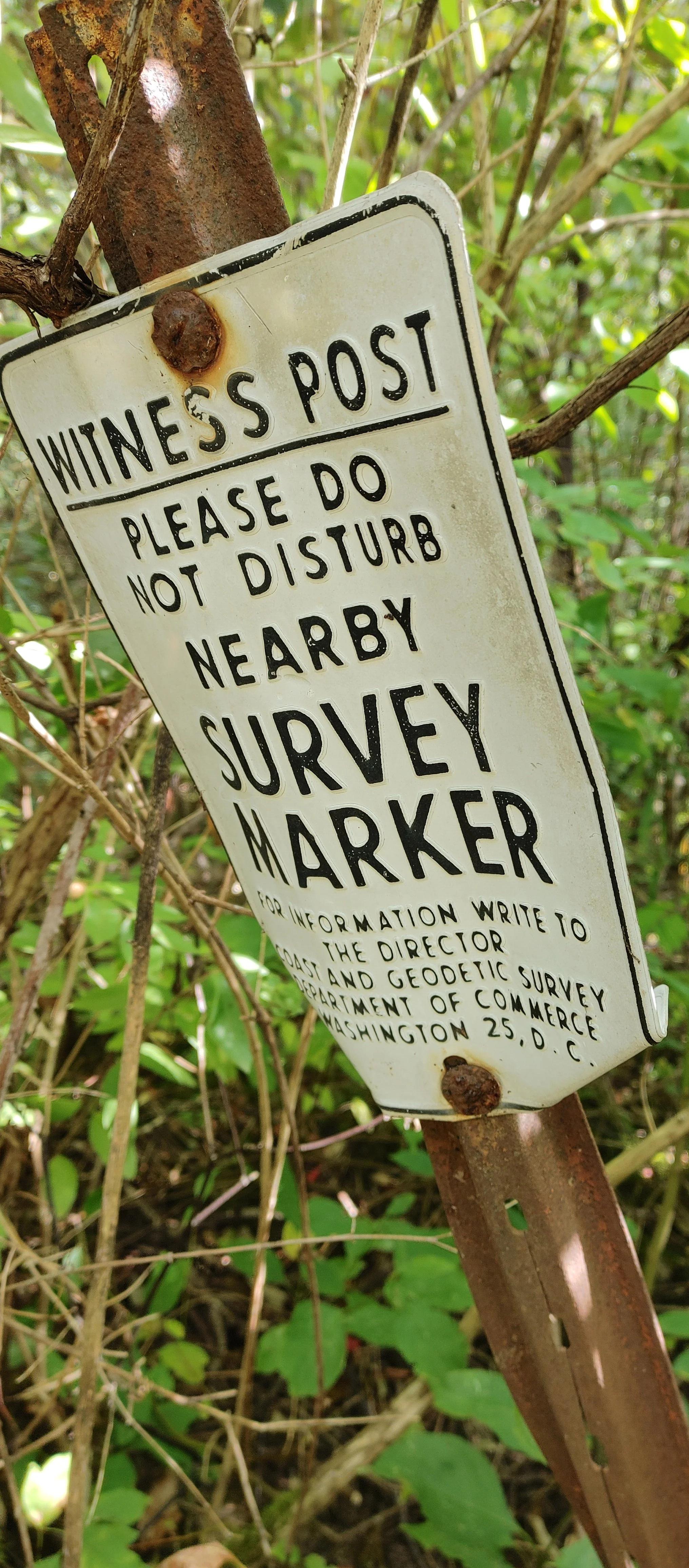 A weathered metal survey marker attached to a rusty post, partially hidden by green foliage, with an informational plaque requesting not to disturb it.