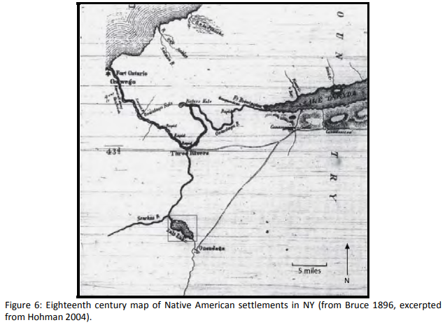 Eighteenth century map showing Native American settlements in New York, including Fort Ontario, Newlaska, The Tawas, and Gowanuk, with a scale of 5 miles.