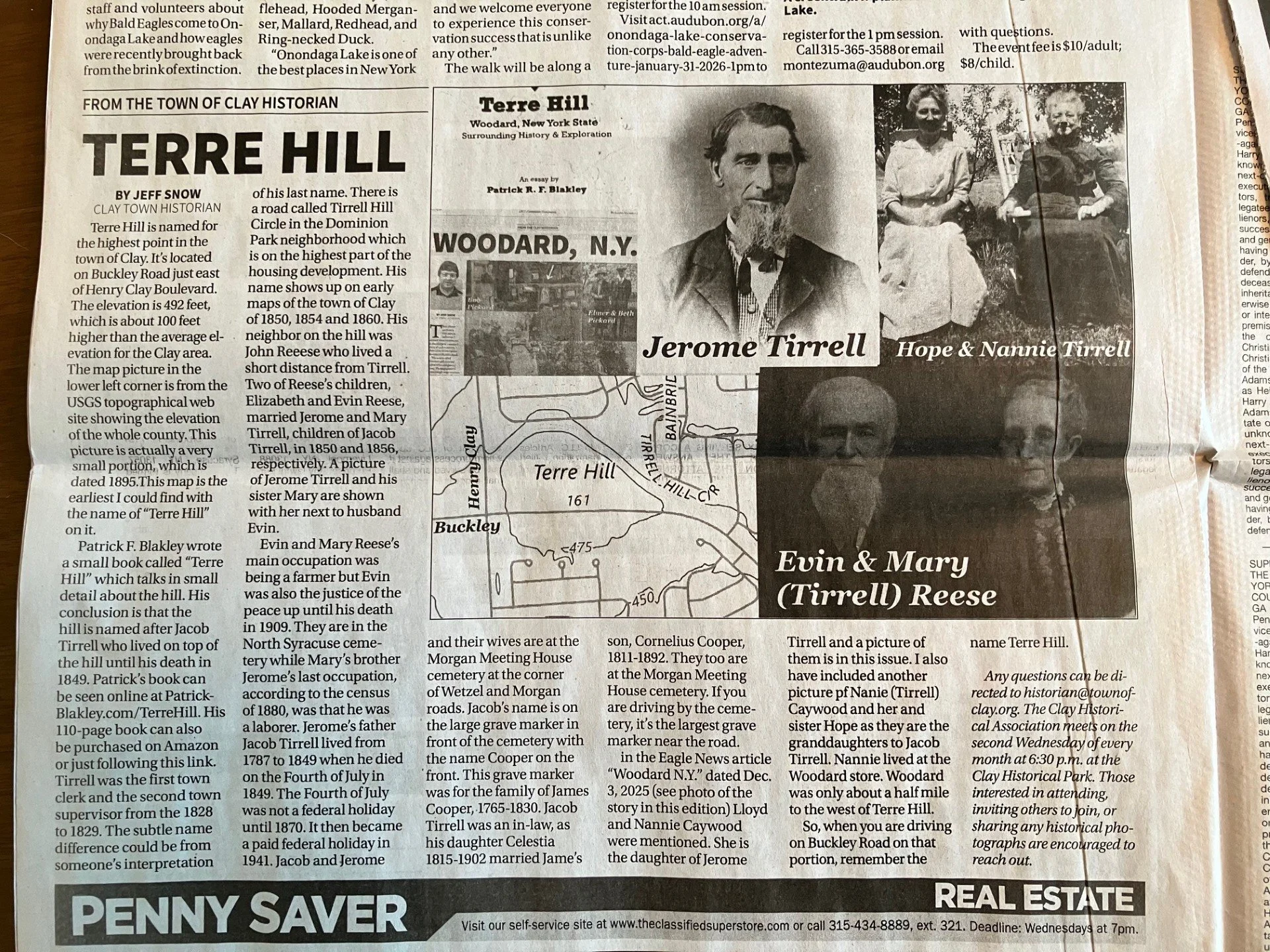 A newspaper clipping featuring an article about Terre Hill, New York, with a map of the area, family photos of Jerome Tirell and Nannie Tirell, Hope and Nannie Tirell, and Evie and Mary (Tirell) Reese.