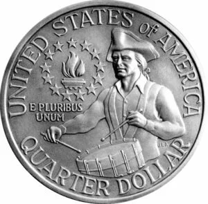 Close-up of a United States quarter dollar coin featuring a portrait of a woman with braided hair, holding a torch in her right hand and a bundle of rods in her left, with inscriptions of "UNITED STATES OF AMERICA," "E PLURIBUS UNUM," and "QUARTER DOLLAR."