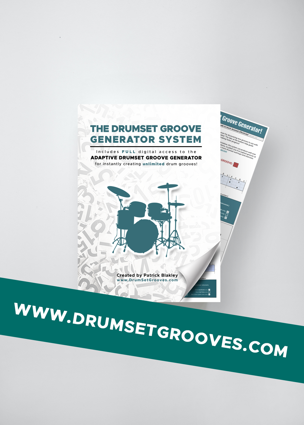 Brochure for the Drumset Groove Generator System featuring a silhouette of a drum set against a background of musical notes, with a website URL www.DrumSetGrooves.com across a teal banner.