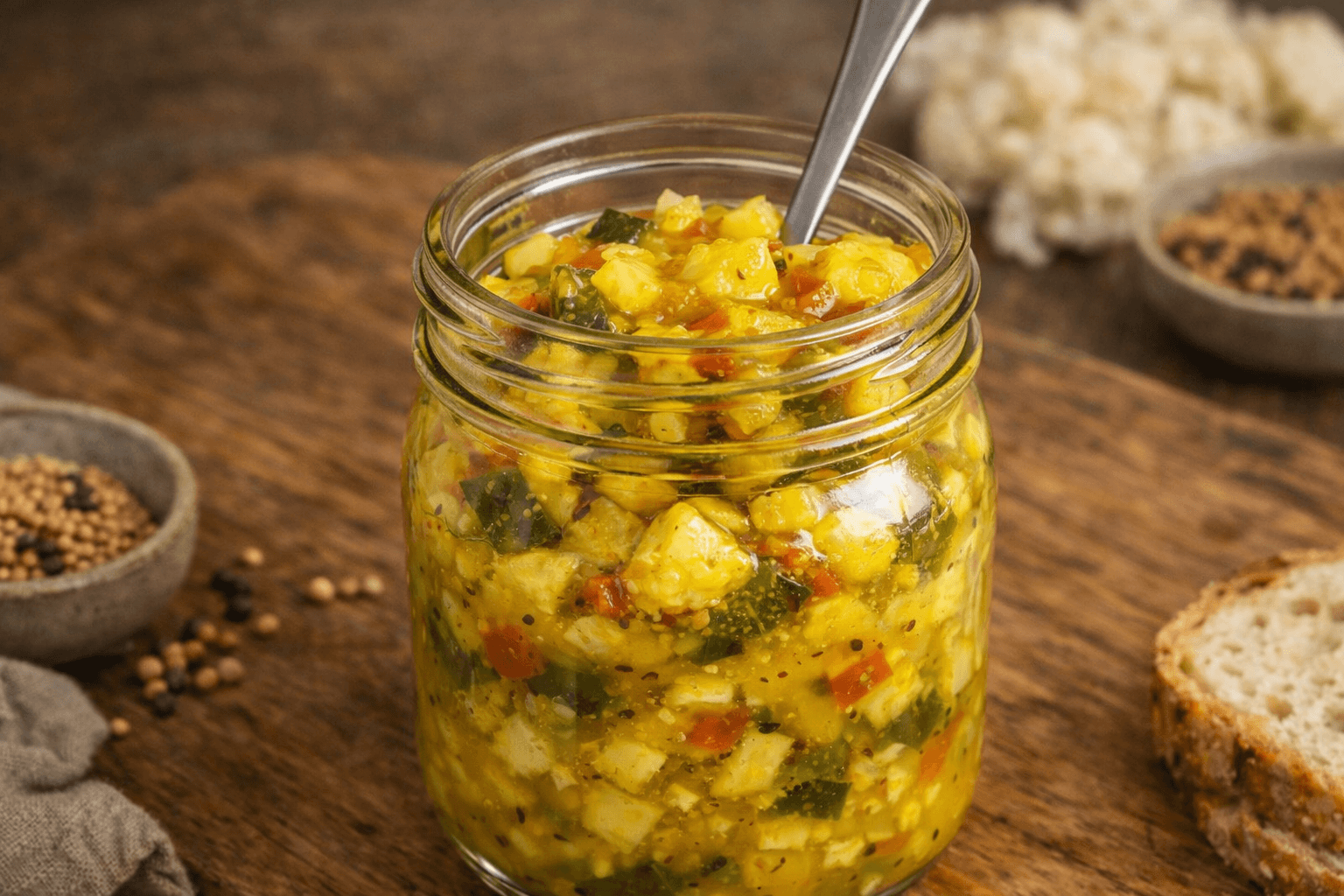 Close up of a jar of homemade piccalilli