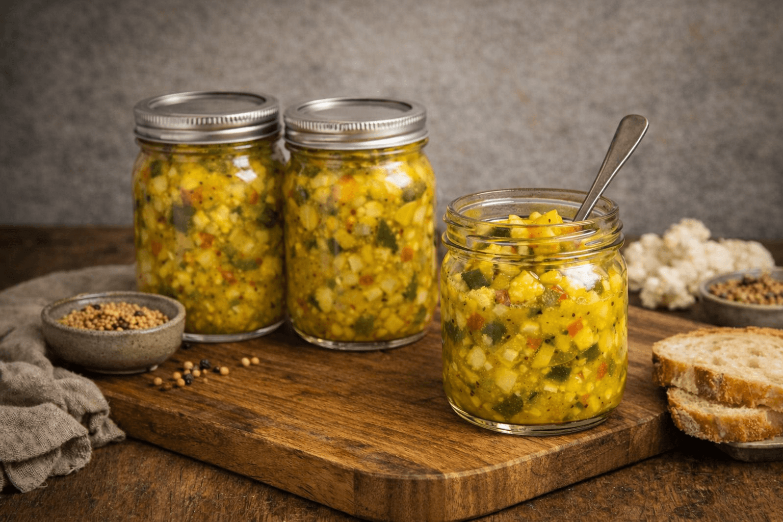 Three jars of homemade piccalilli on a wooden board with mustard seeds and crusty bread