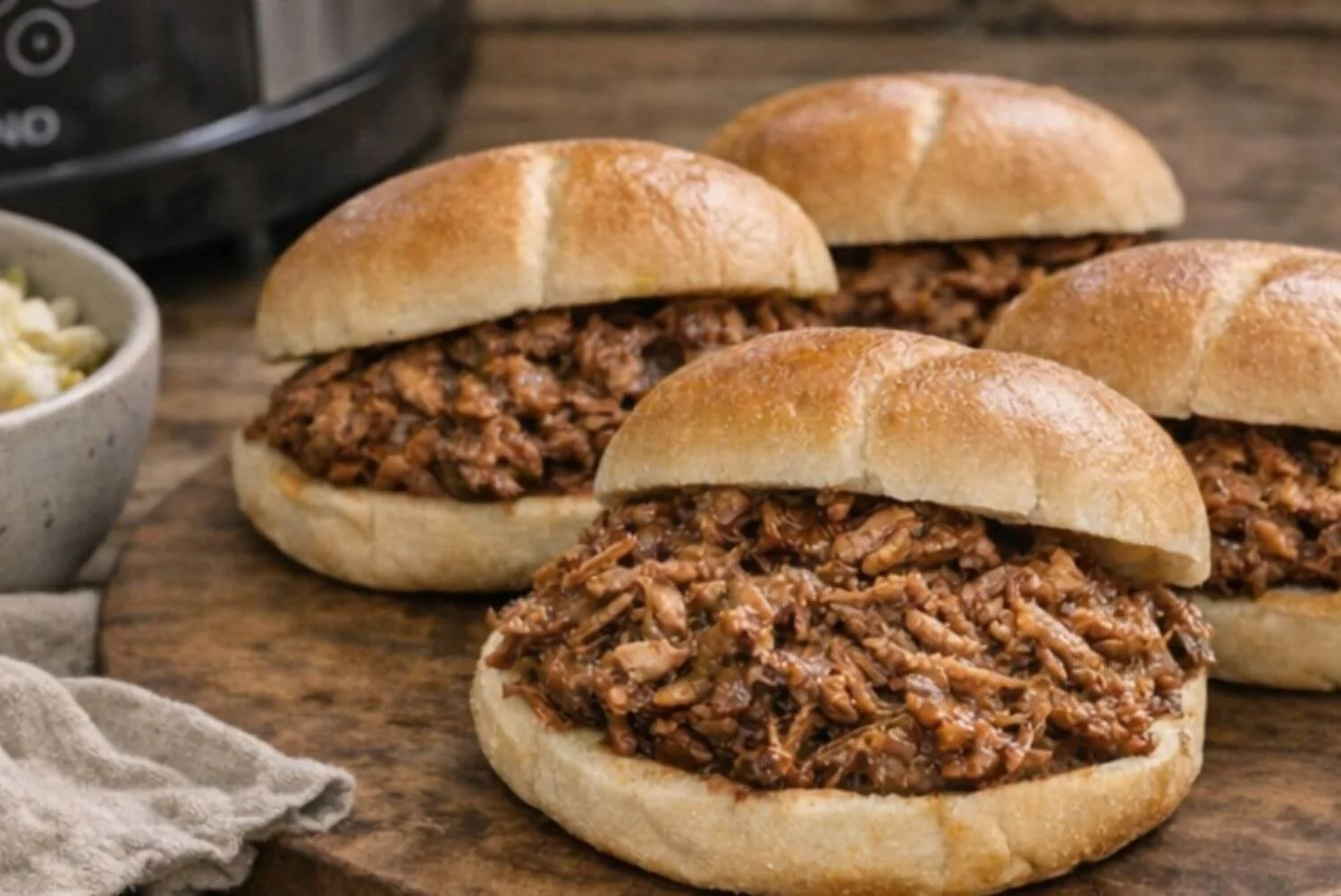 Smoky pulled pork sandwiches served on a wooden board