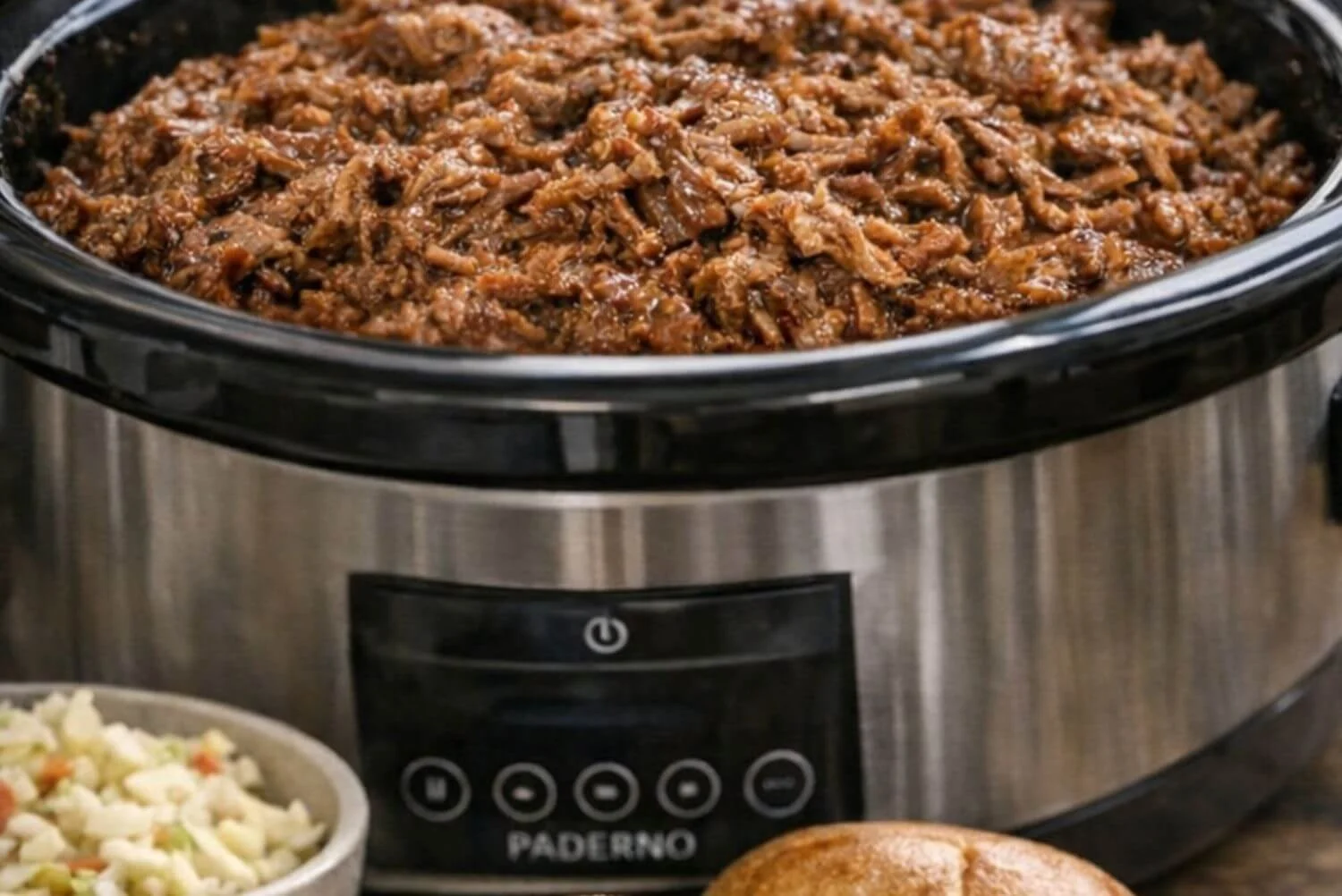 Slow cooker pulled pork served with buns and coleslaw