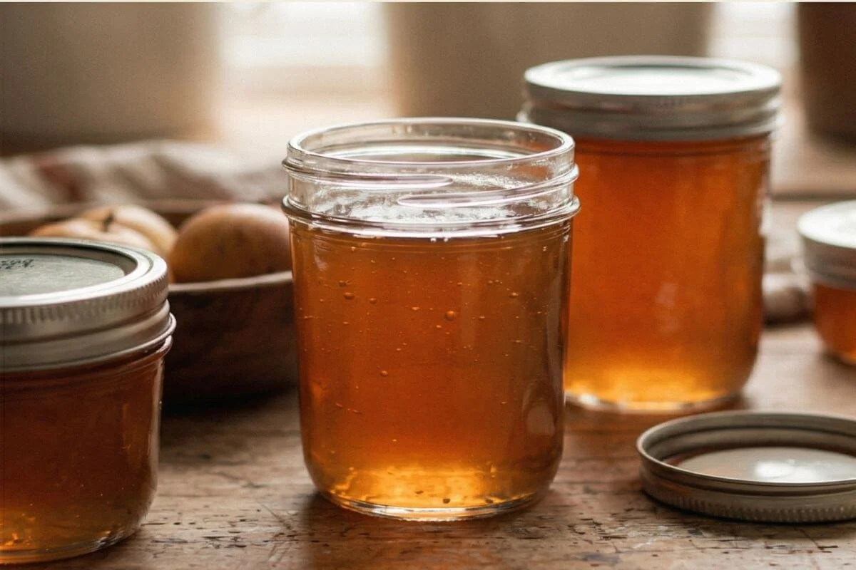 Clear amber crab-apple jelly in mason jars on a rustic wooden surface