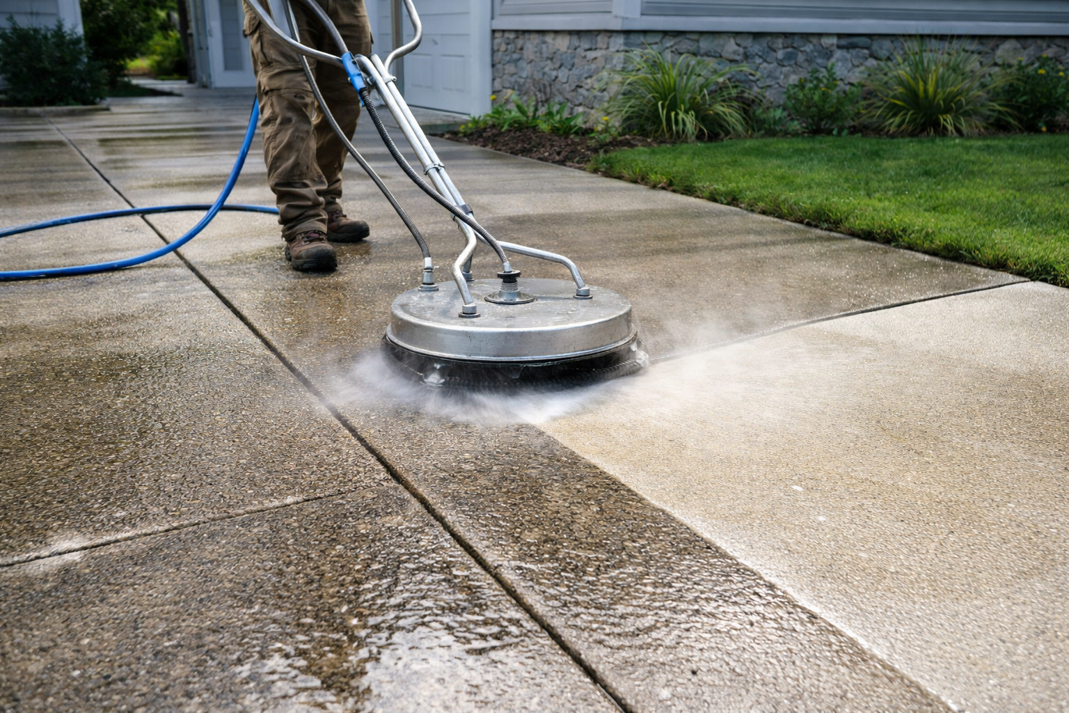 A person using a power washer to clean a concrete driveway outside a house.