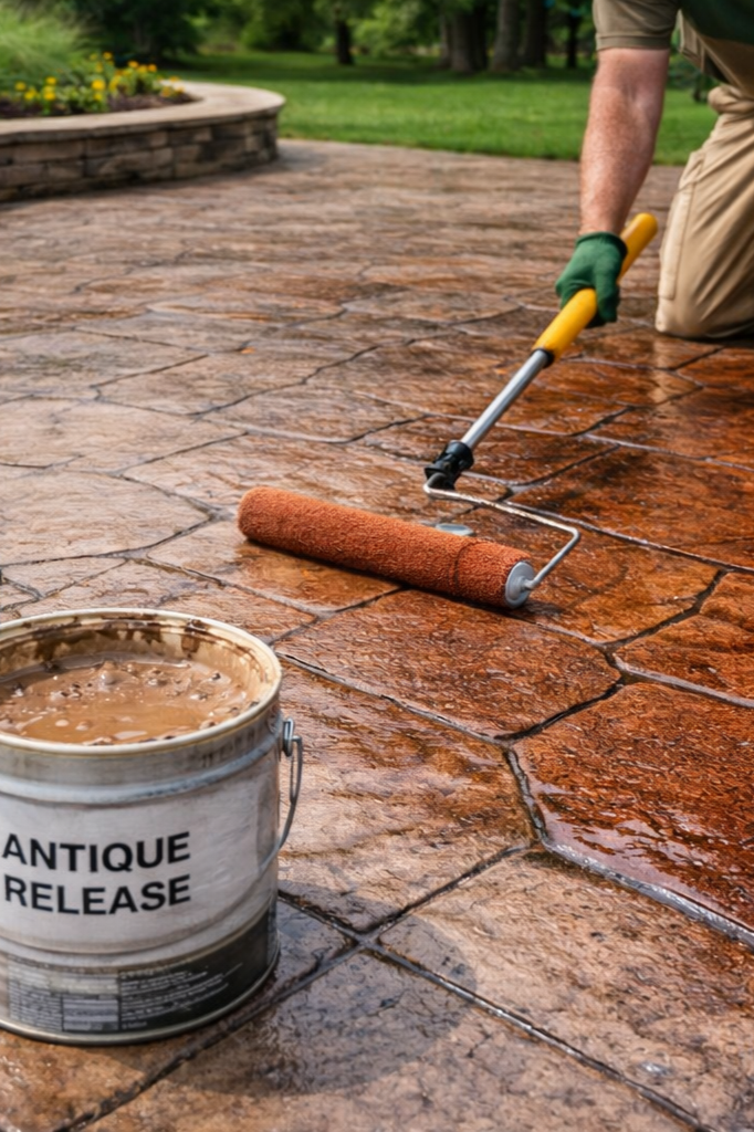 A person is applying a brown stain to a stamped concrete surface using a paint roller. The person is wearing a green glove on one hand and khaki shorts. There is an open can labeled 'Antique Release' nearby, and the background shows a garden with green grass and trees.