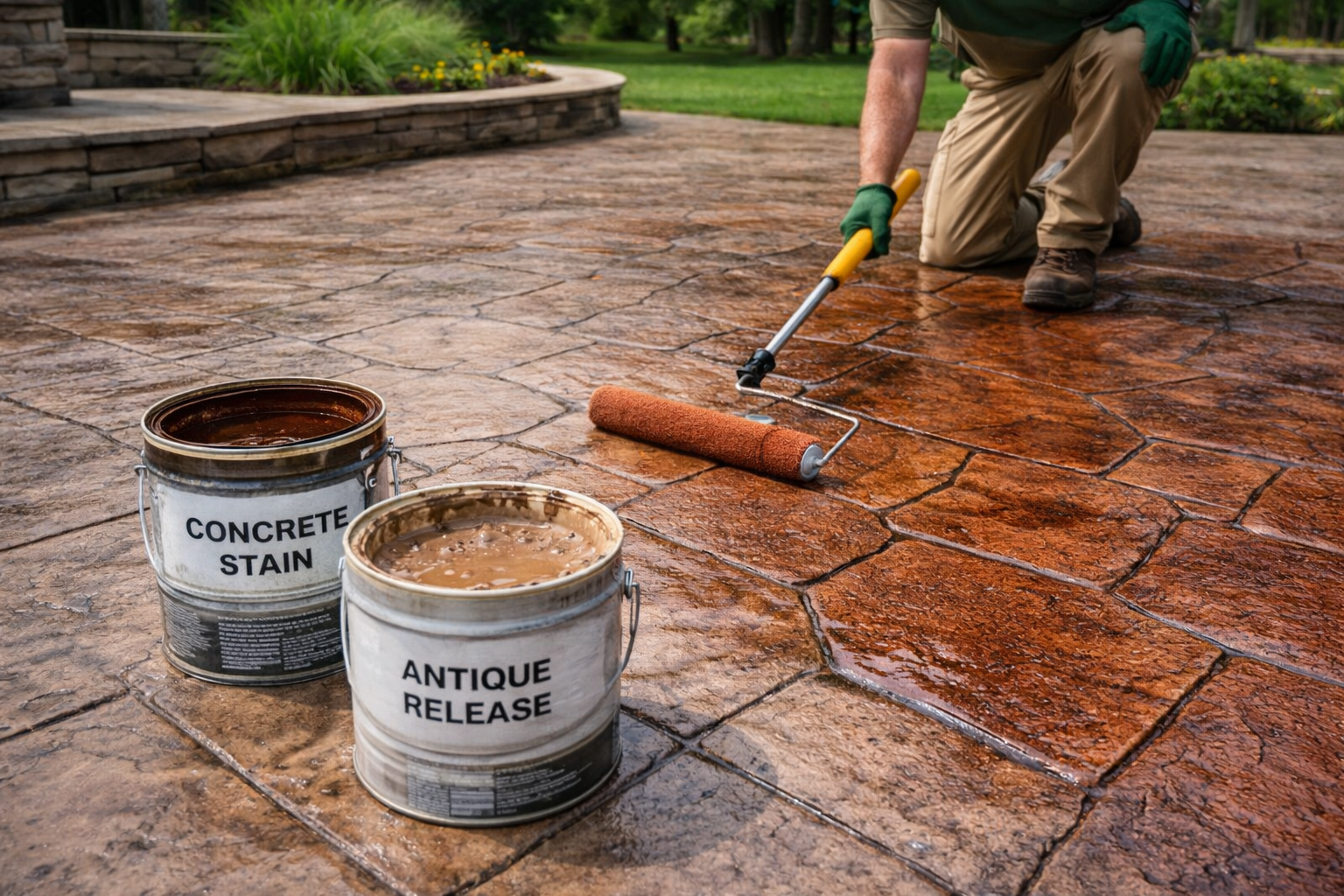 Person applying antique release onto decorative concrete patio using a roller brush, with cans labeled 'concrete stain' and 'antique release' nearby.