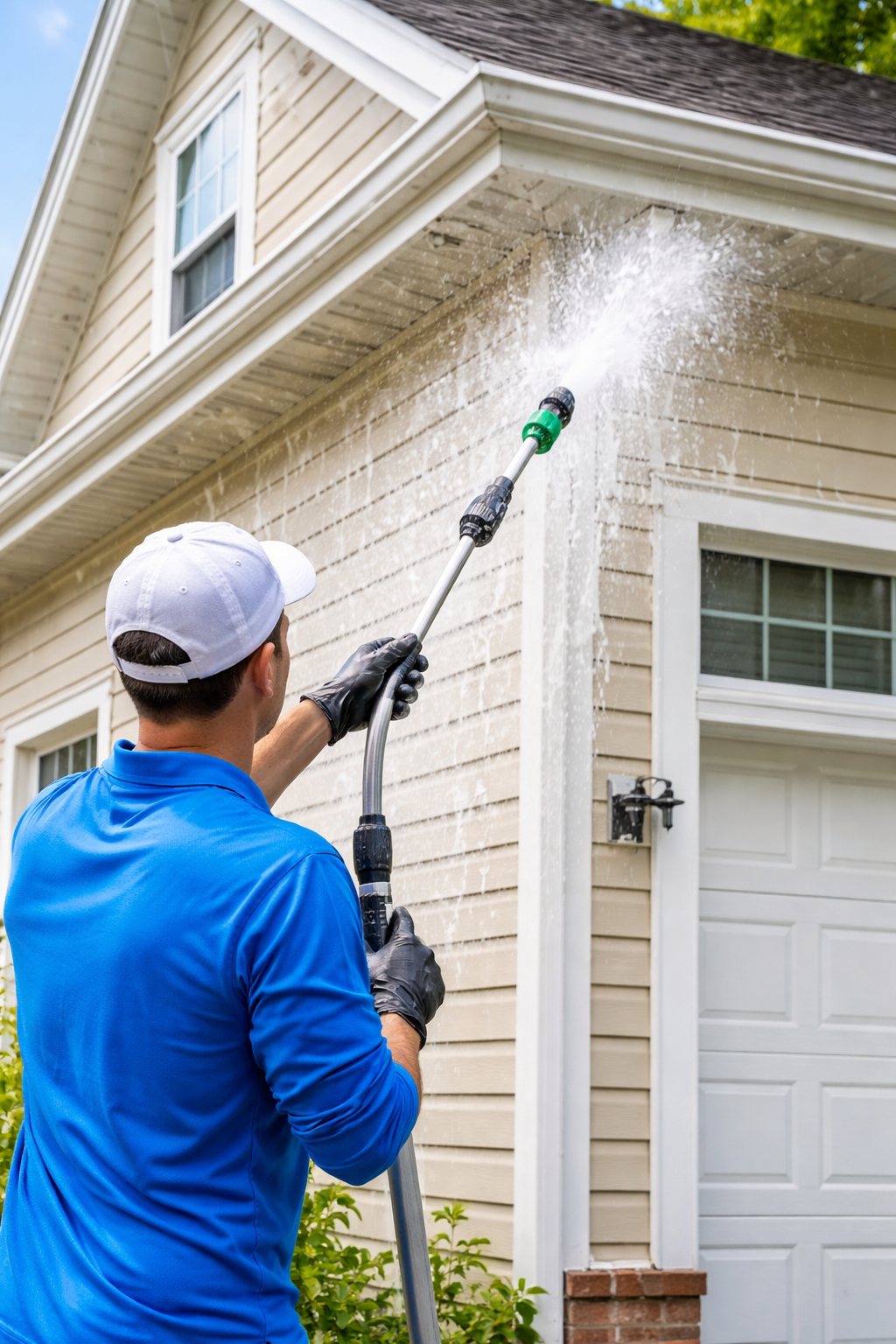 A man wearing a white cap, black gloves, and a blue shirt is pressure washing the exterior beige siding of a house, near the garage door.