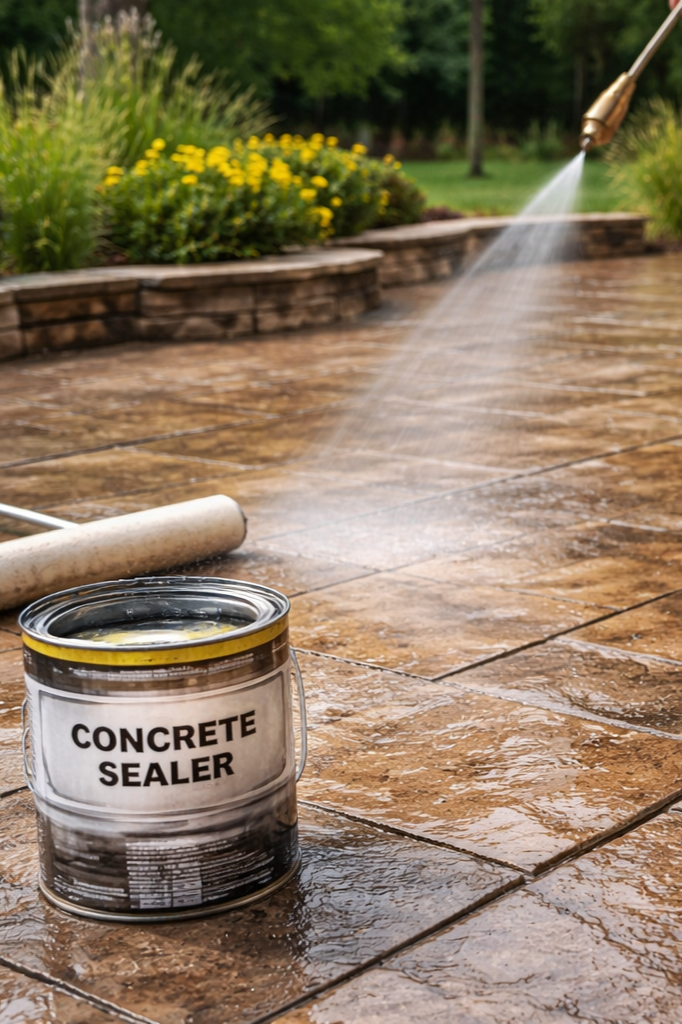 A container of concrete sealer on a wet patio surface with a garden hose spraying water in the background.