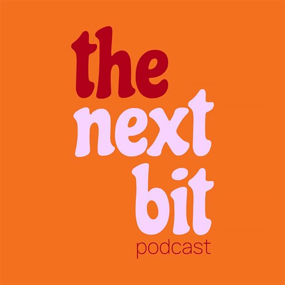 Orange background with the words 'the next hit podcast' written in large, colorful, playful font.