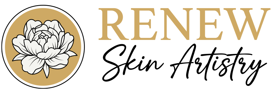 Logo with a white peony flower inside a beige circle, and the word "RENEW" in large gold letters to the right.