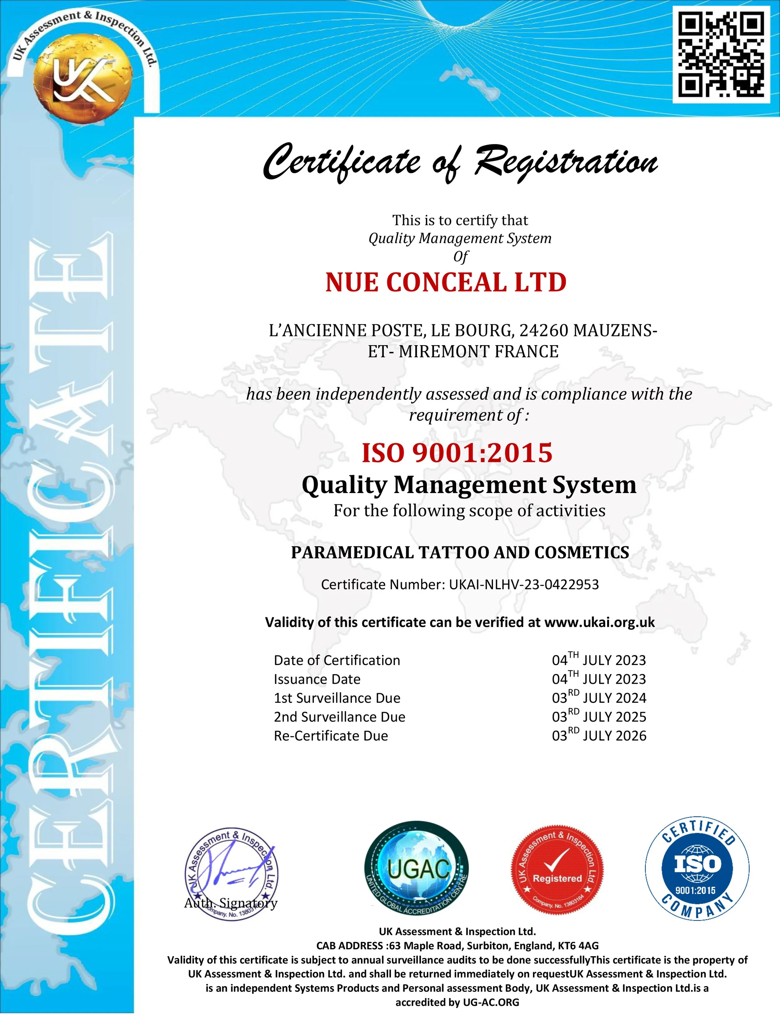 Certificate of registration for NUE CONCEAL LTD, located in Mauzens-et-Miremont, France, certifying compliance with ISO 9001:2015 quality management system for paramedical tattoo and cosmetics, issued on July 4th, 2023, and valid until July 2026.