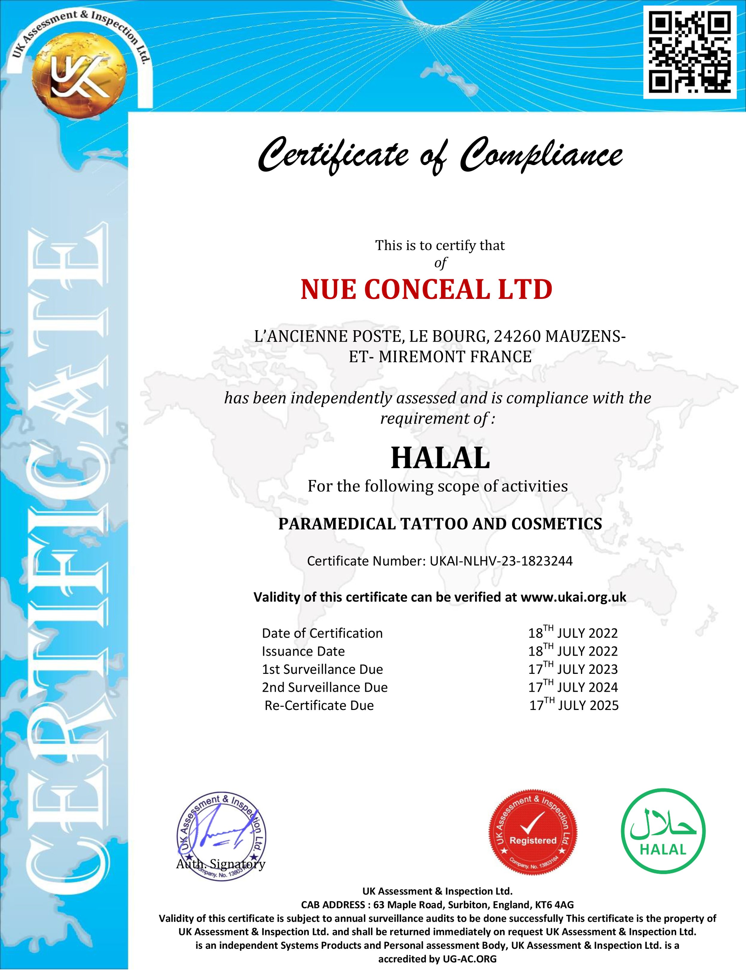 Certificate of compliance for NUE Conceal LTD, located in France, indicating they are compliant with halal standards for paramedical tattoo and cosmetics, issued on July 18, 2022, with renewal dates listed through July 2025.