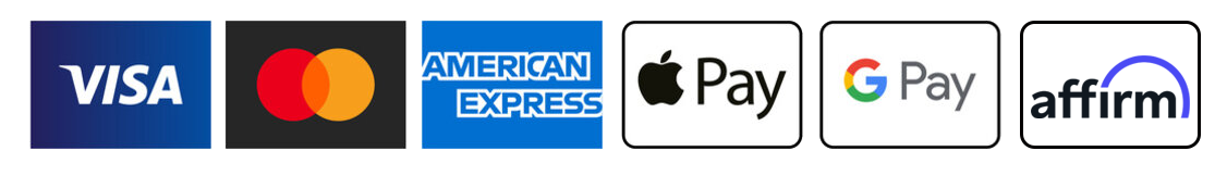 A row of payment method logos including Visa, Mastercard, American Express, Apple Pay, Google Pay, and Affirm.