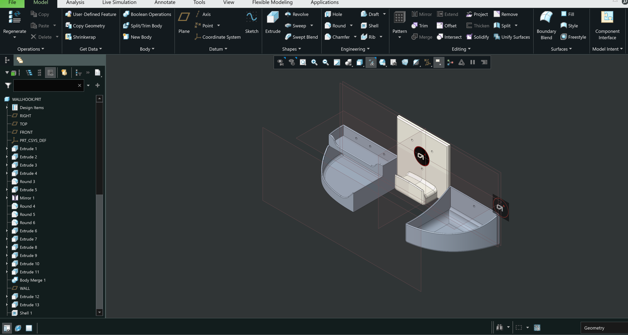 A 3D computer-aided design model of a bathroom setup including a bathtub, two curved walls, a wall with a mounted showerhead, and a small rectangular bench, displayed within CAD software with various toolbars and options visible.