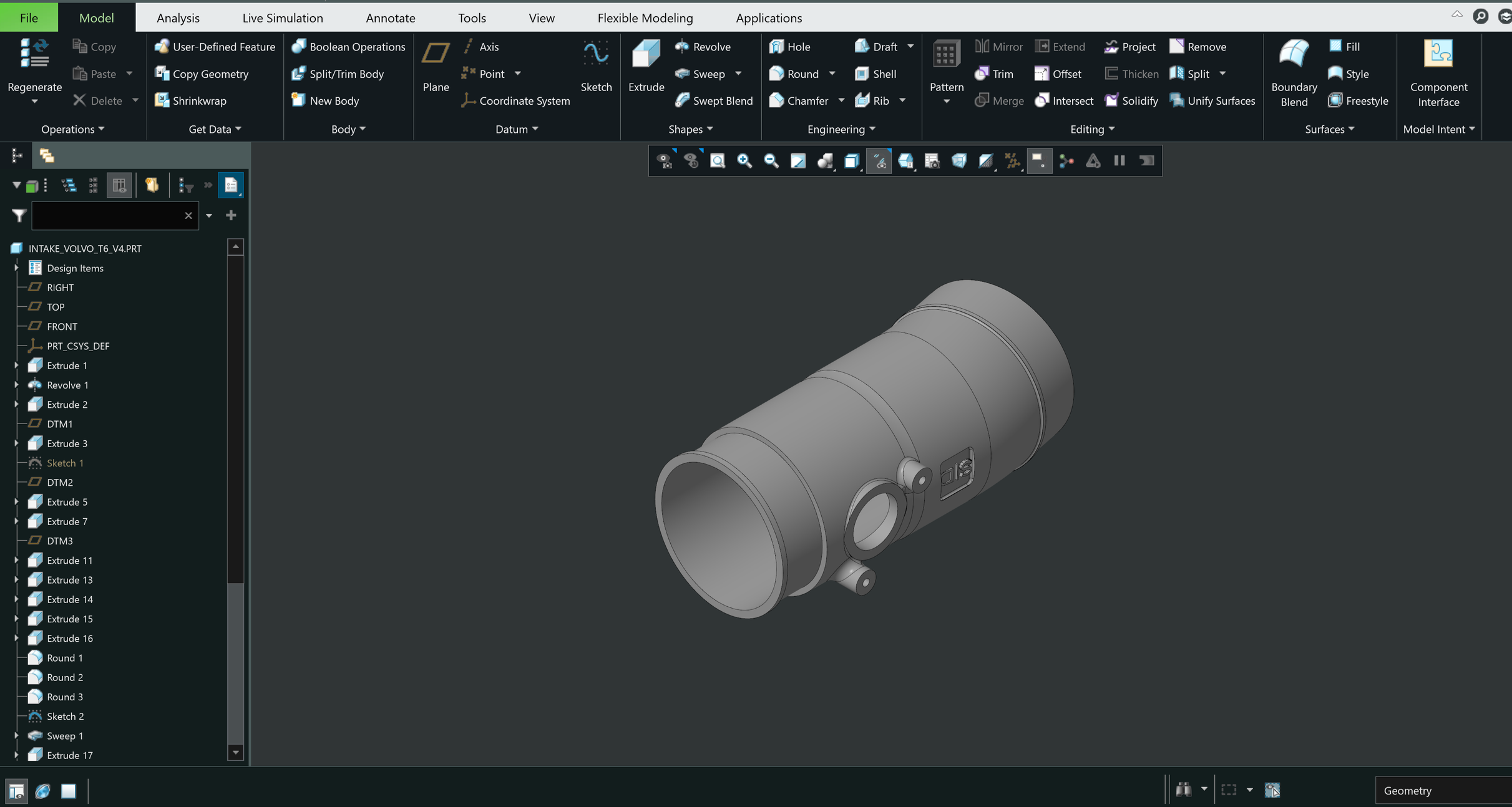 3D CAD model of a cylindrical mechanical component with buttons and labels, displayed in a CAD software interface.