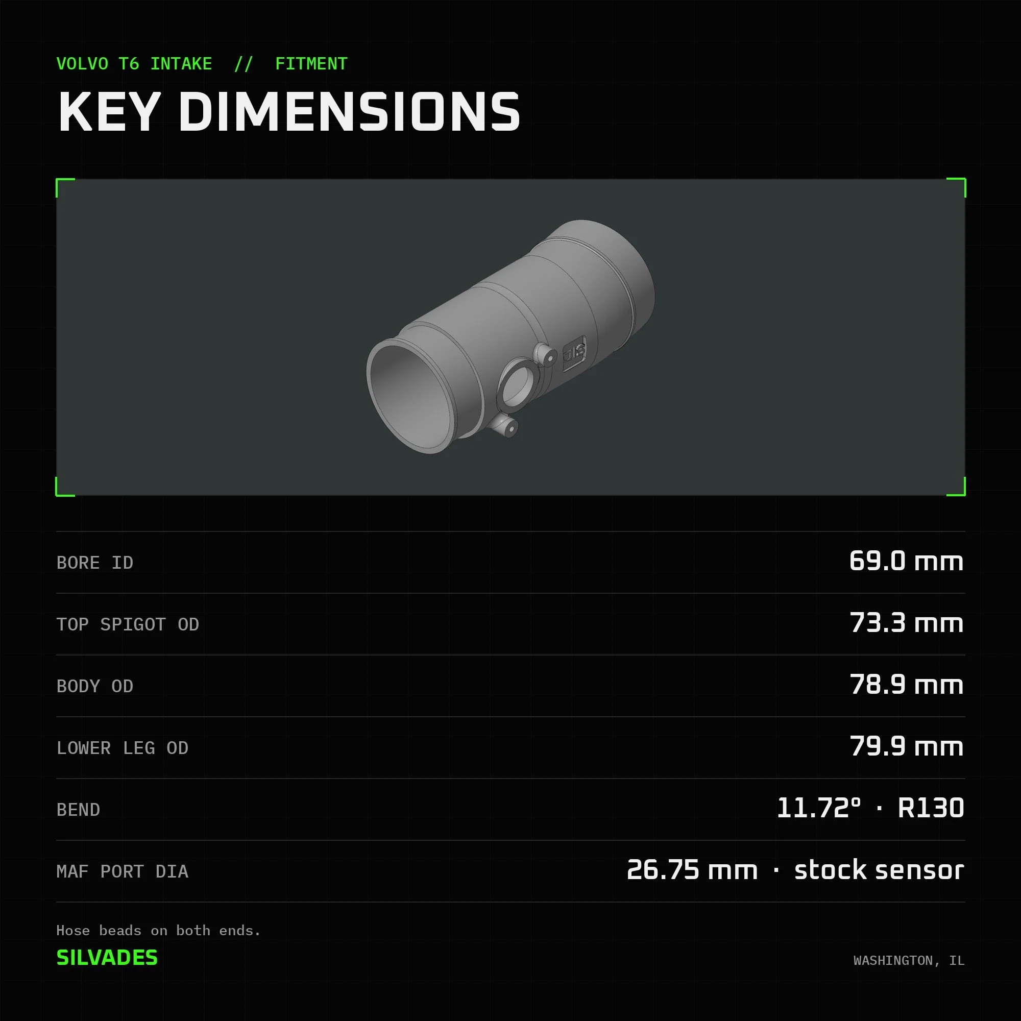Volvo T6 intake key dimensions: 69.0 mm bore, 73.3 mm top spigot, 78.9 mm body, 79.9 mm lower leg, 11.72 degree bend, 26.75 mm MAF port