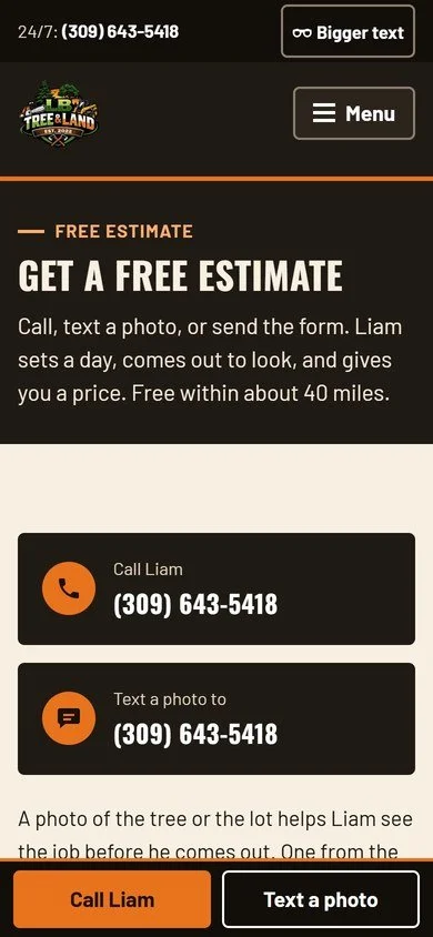 LB Tree & Land Free Estimate page on a phone screen