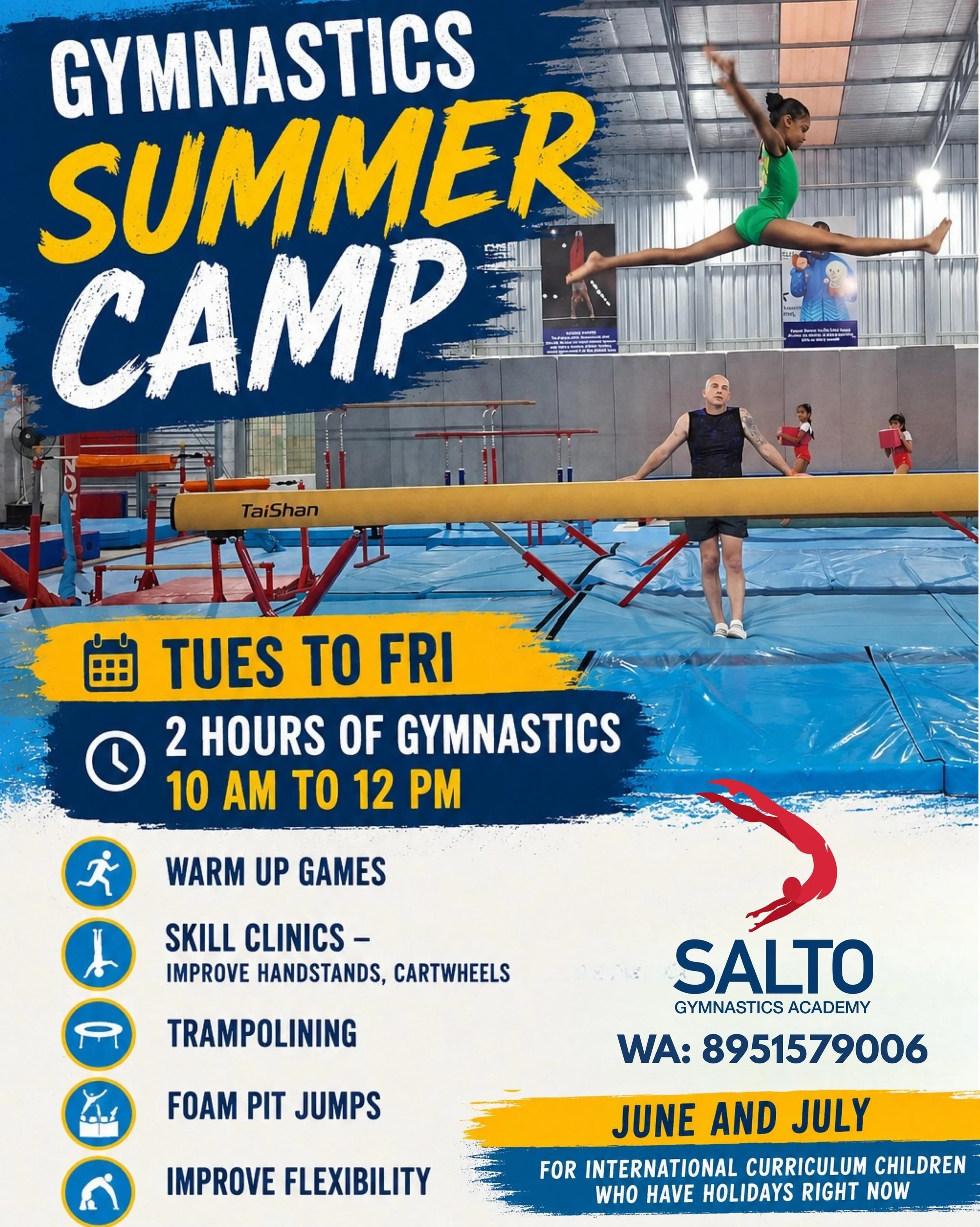 ☀️🤸&zwj;♀️ GYMNASTICS SUMMER CAMP IS HERE! 🤸&zwj;♂️☀️

Looking for an exciting and active holiday program for your child?

Join our Gymnastics Summer Camp and help your child build strength, confidence, flexibility, coordination, and fitness while 
