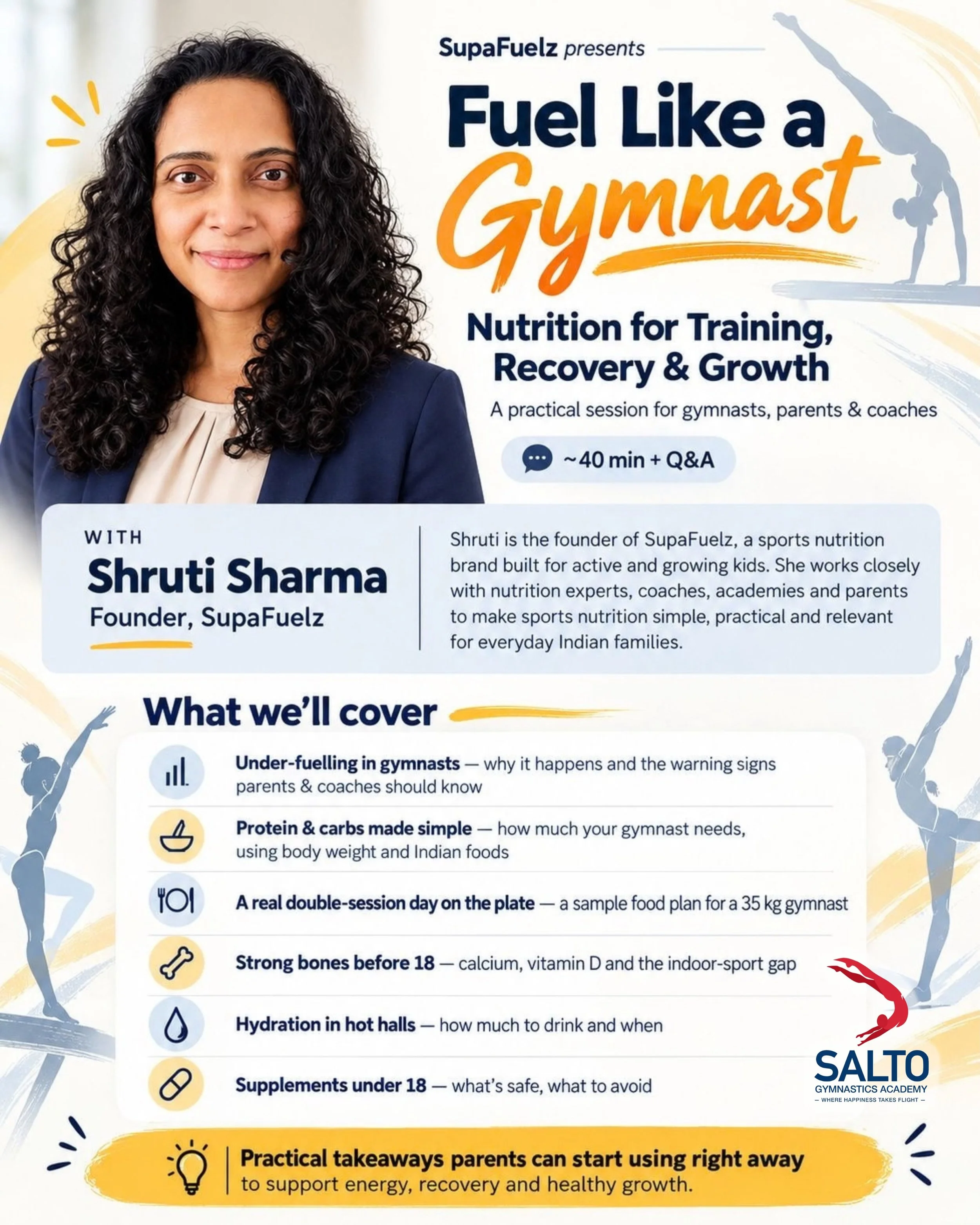 Fuel Like a Gymnast 🥗🤸&zwj;♀️

Great gymnastics isn&rsquo;t just about training hard &mdash; nutrition plays a huge role in energy, recovery, strong bones and healthy growth. 💪

On 3rd September we&rsquo;re bringing something special for the paren