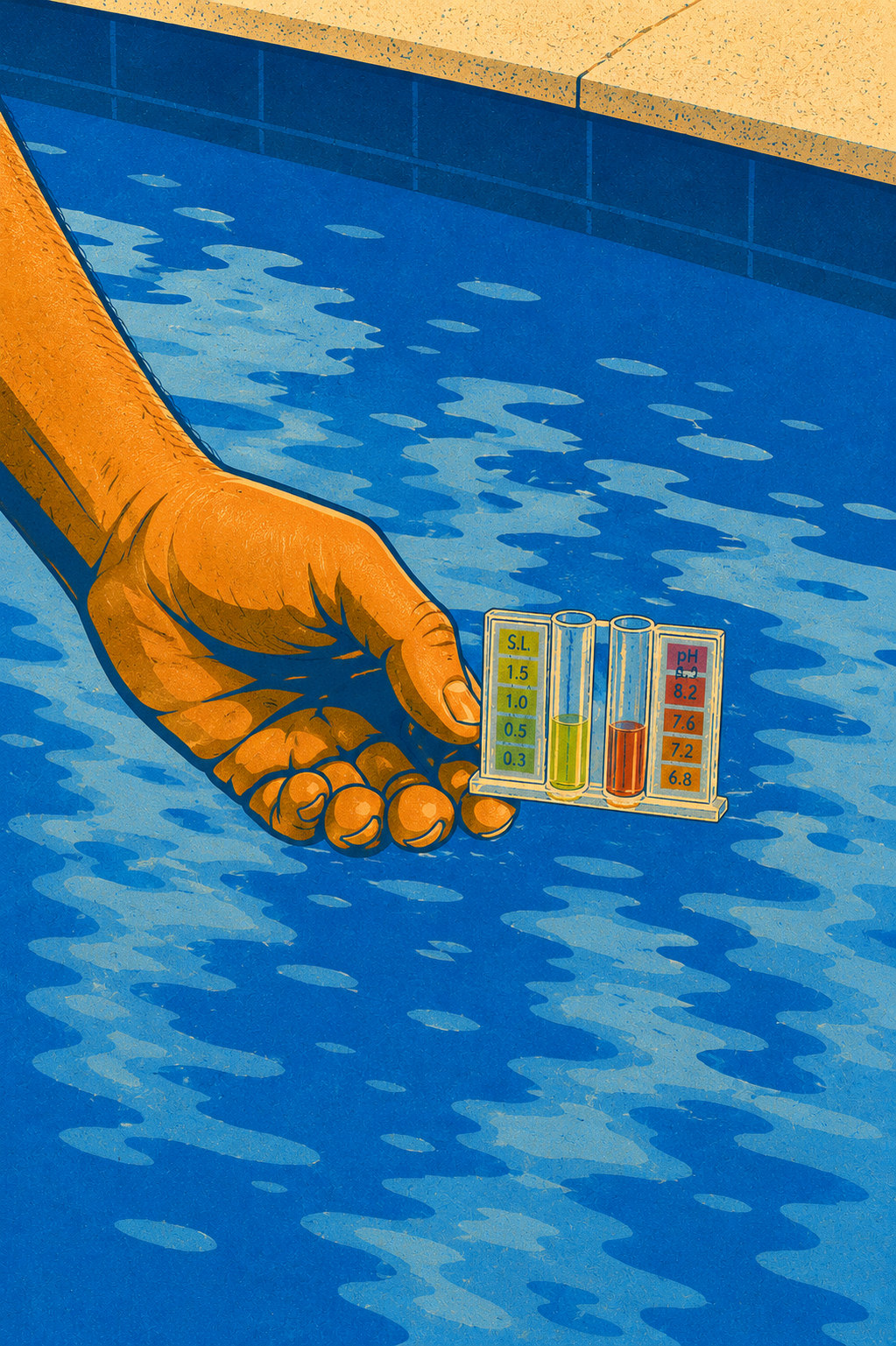 Illustration of a hand holding test tubes with water, showing various test result colors and measurements, near a swimming pool.