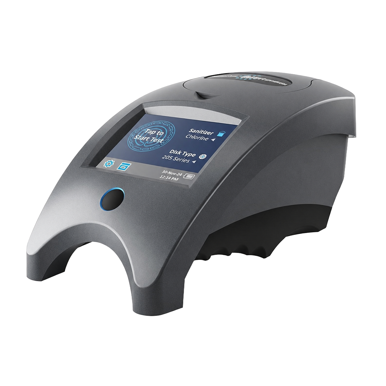 Laboratory testing device with a digital touchscreen display showing options for testing sanitizer and disk type, with a start test button in the center.