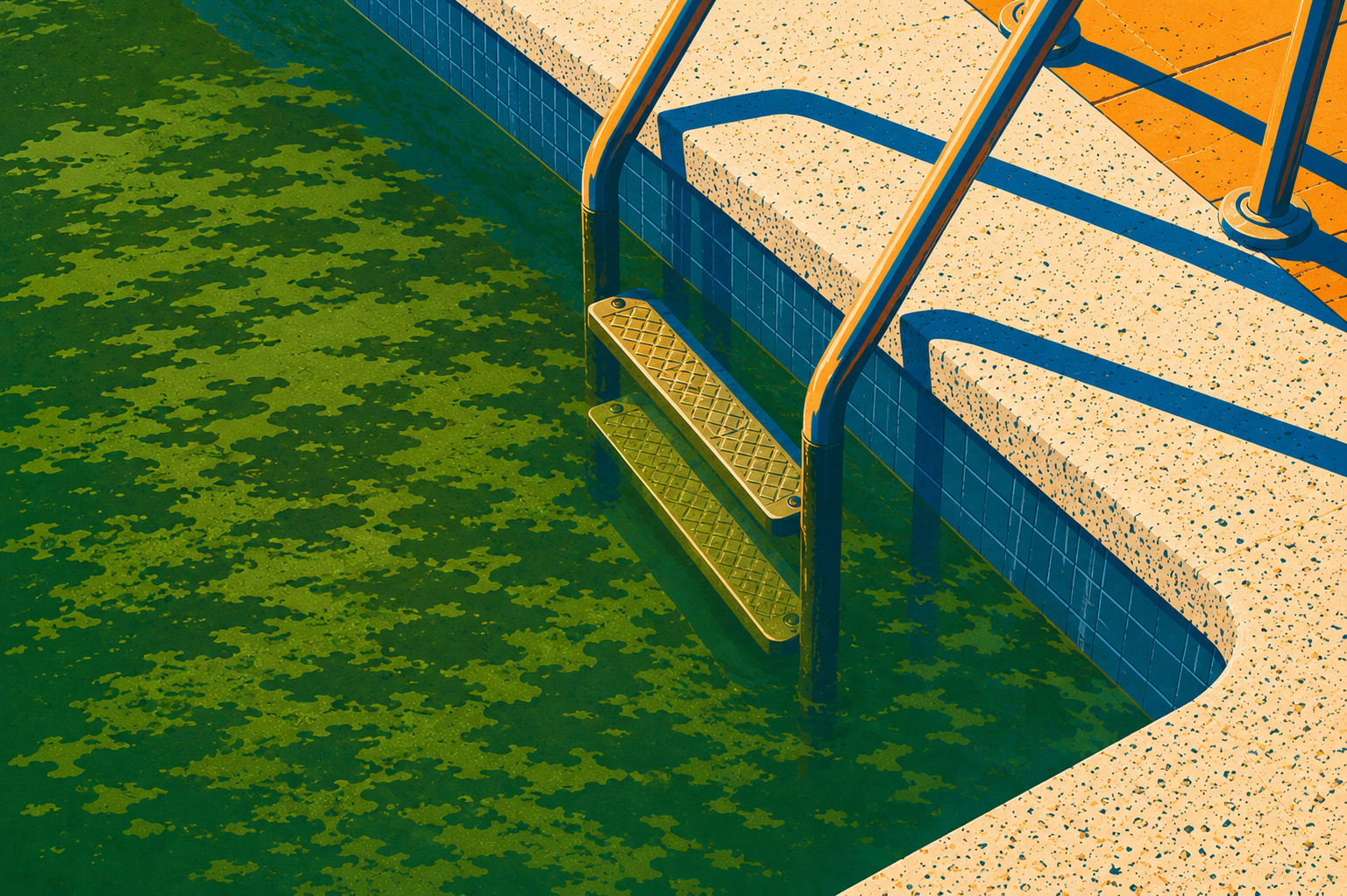 Close-up of a swimming pool with metal steps descending into green water, surrounded by a speckled beige poolside surface.
