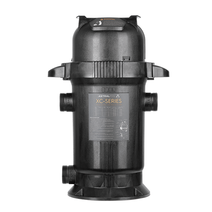 A black pool sand filter with multiple inlet and outlet ports, labeled for an AstralPool XC Series.
