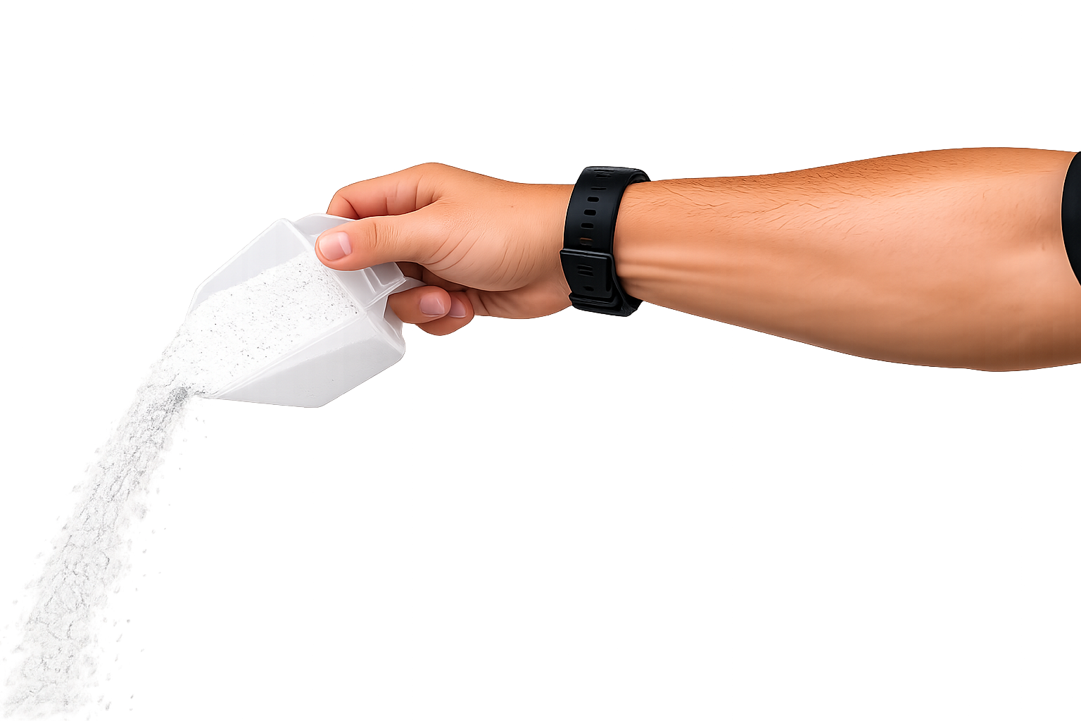 A person's arm holding a white container tilted to pour white powder.