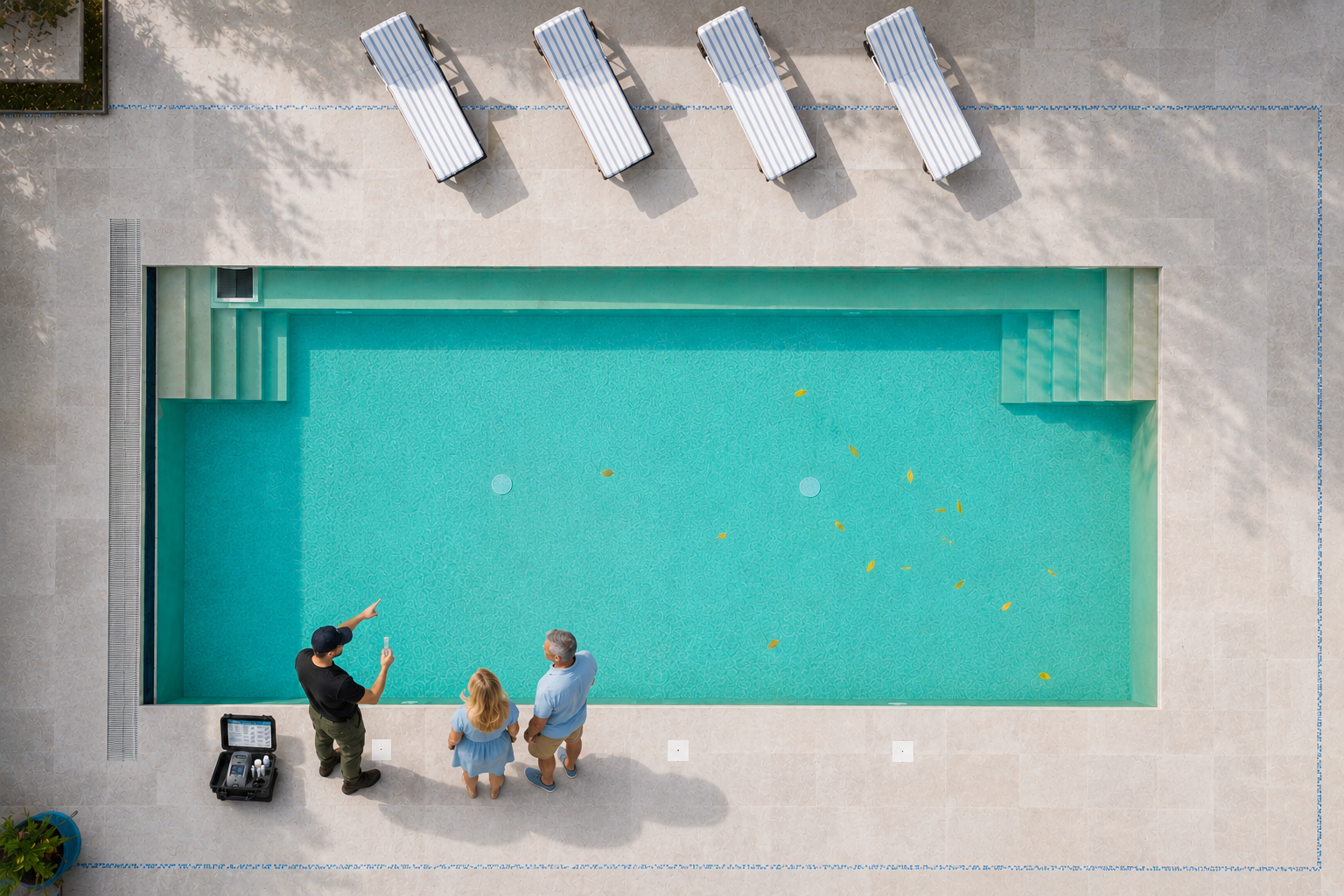 Aerial view of three people by a swimming pool with lounge chairs and fallen yellow leaves.