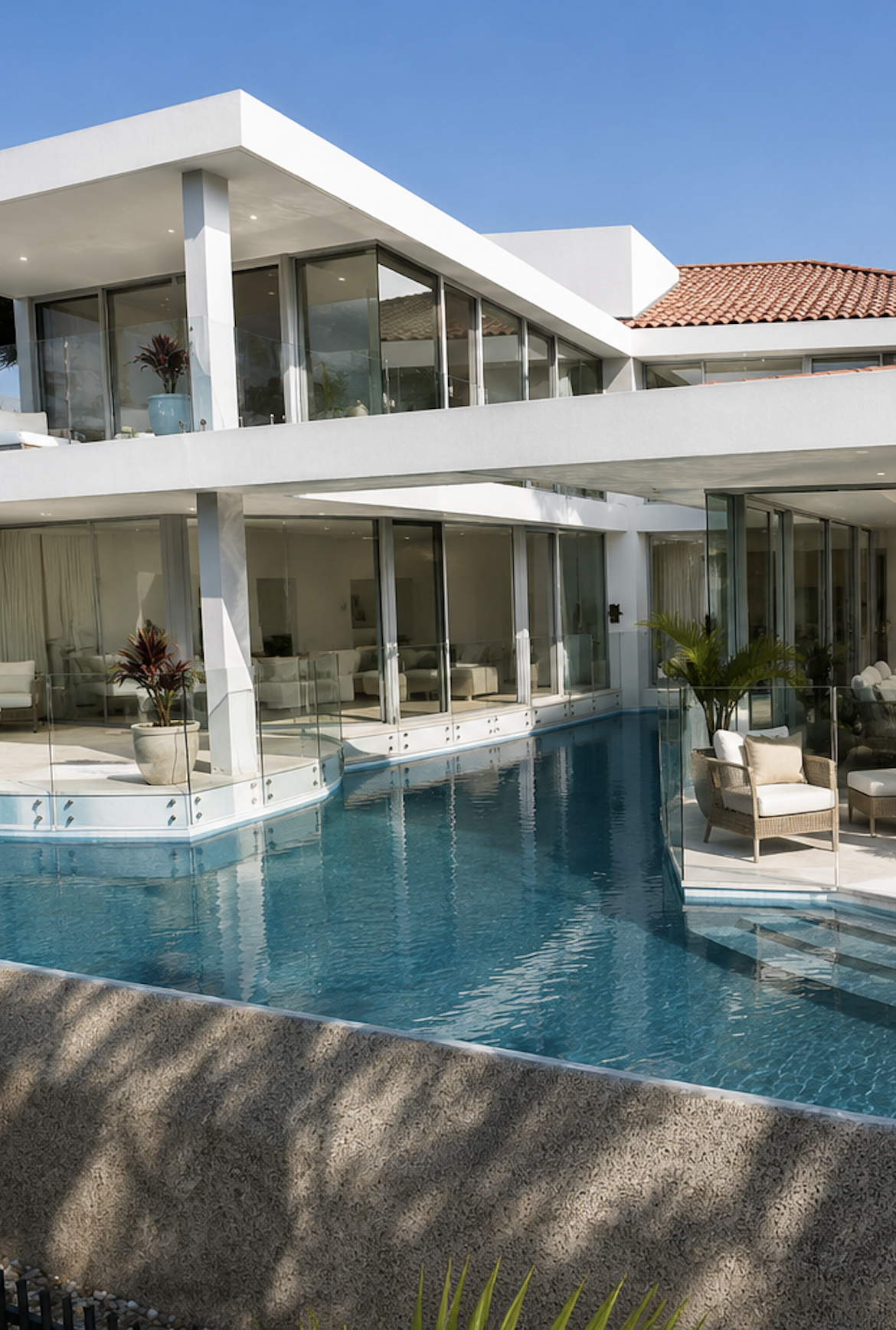 Modern multi-story house with large glass windows and balcony, swimming pool in front, outdoor seating area with plants, under a clear blue sky.