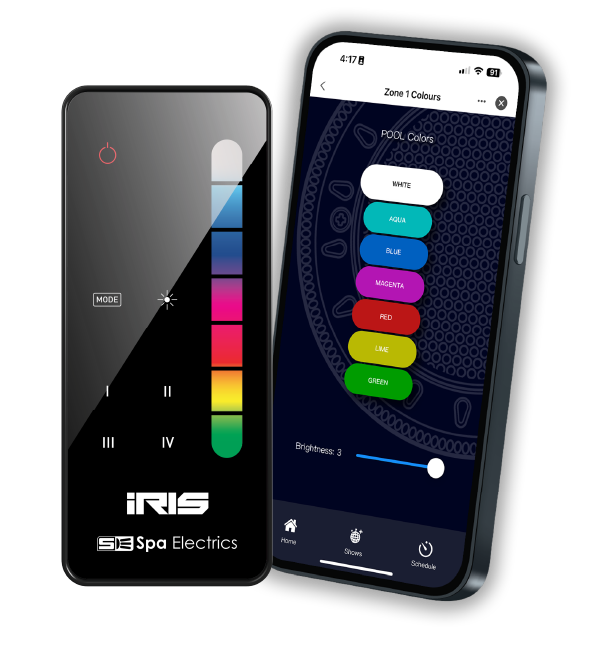 Two smartphones displaying app interfaces: the left phone shows a lighting control app with a vertical color spectrum and a power button at the top, labeled 'IRIS Spa Electroics'; the right phone displays an app with the title 'Zone 1 Colours' and options for pool light colors including white, aqua, blue, magenta, red, lime, and green, along with a brightness slider.