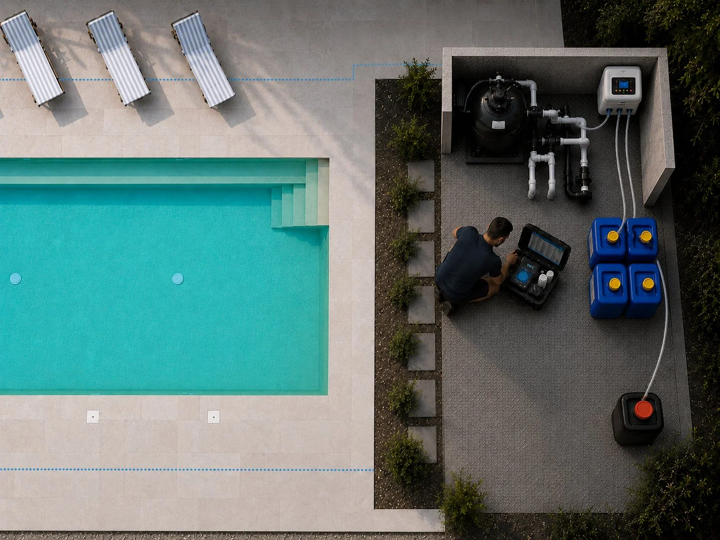 A person working with pool equipment near a swimming pool, with lounge chairs along the poolside.