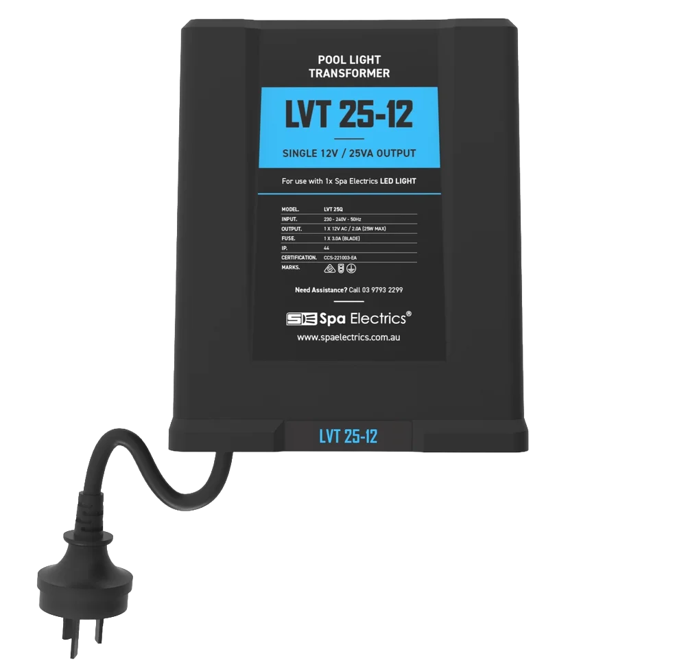 Pool light transformer with label indicating model LVT 25-12, single 12V 25VA output, for spa electric LED light, with electrical specifications and contact information.